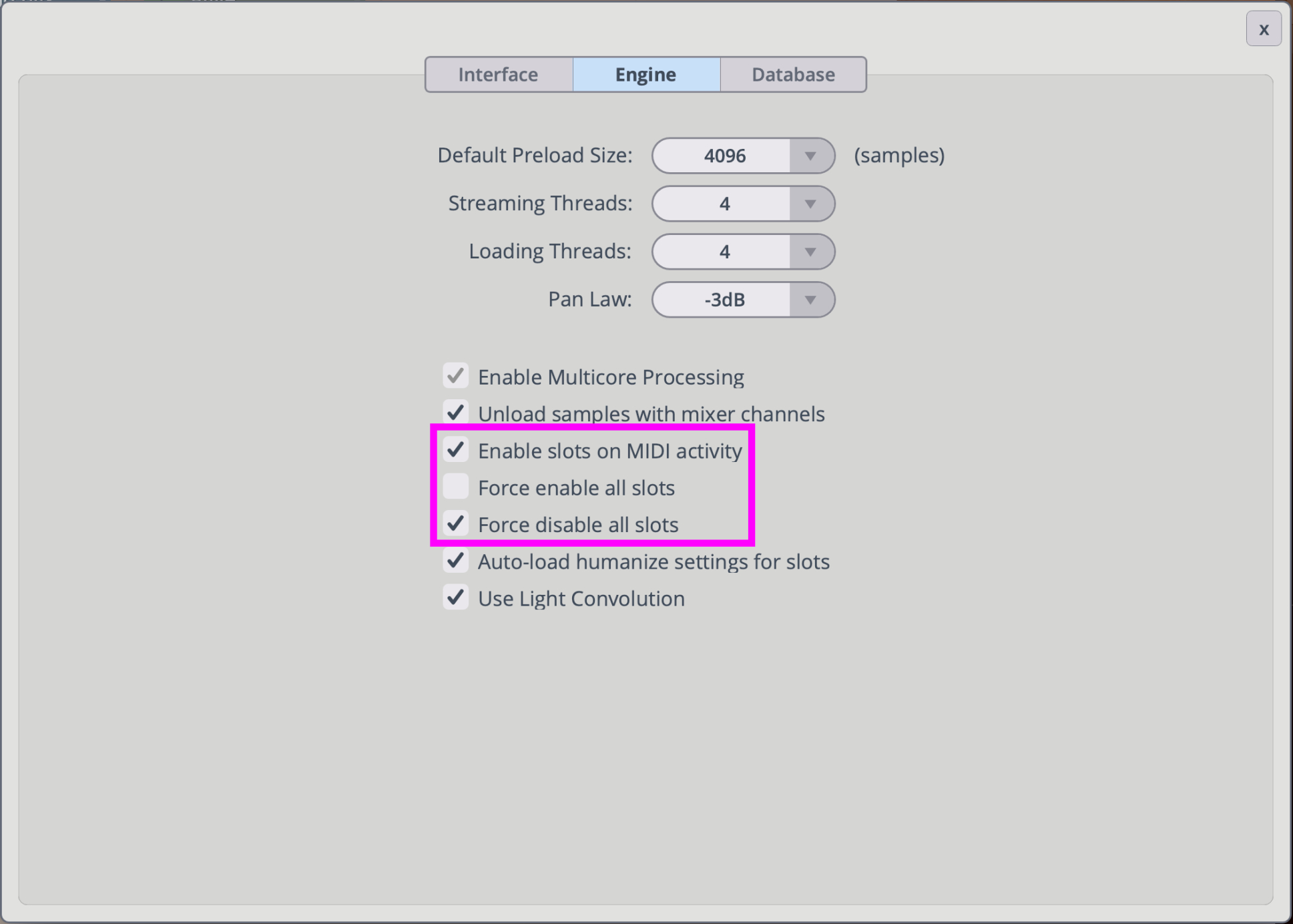 Synchron Player Engine settings showing options for MIDI activity and slot management within the software.
