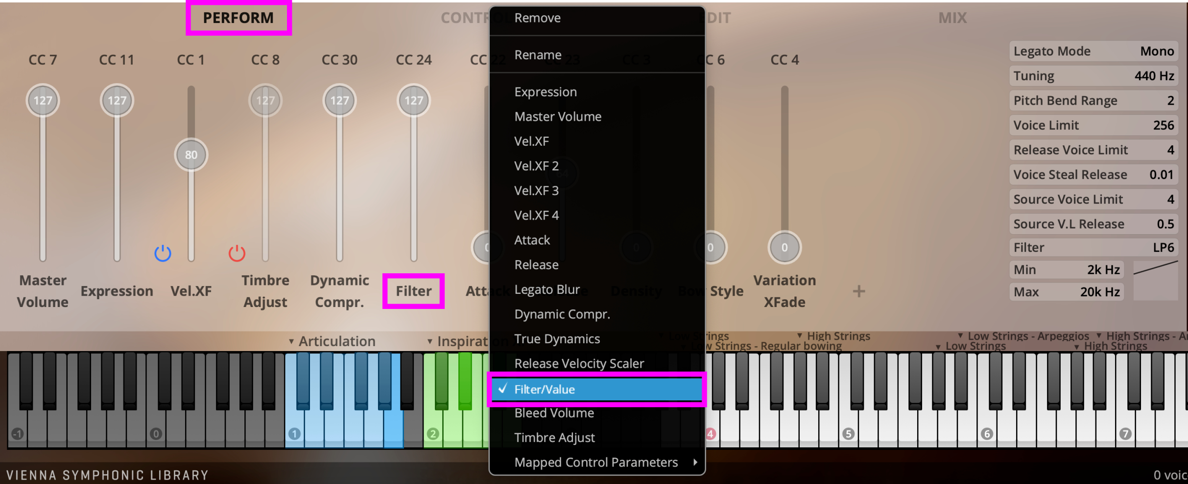 Vienna Symphonic Library Synchron Player's Perform tab interface showing various controller assignments like Master Volume, Expression, Vel.XF, and Filter with Filter/Value selected in the dropdown menu.