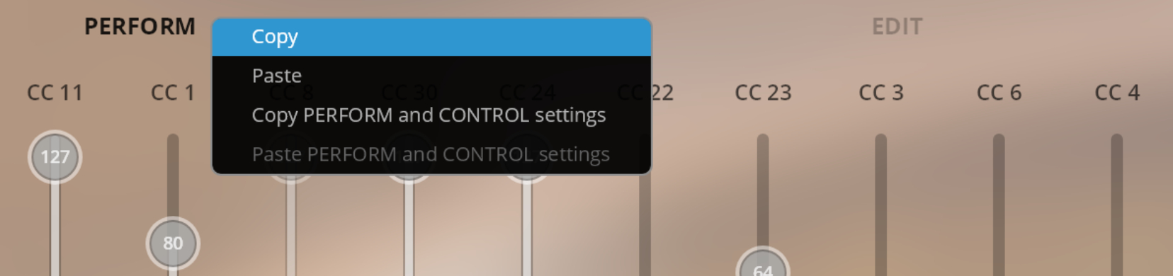 Perform Tab interface showing controller assignments and a copy/paste menu for settings.