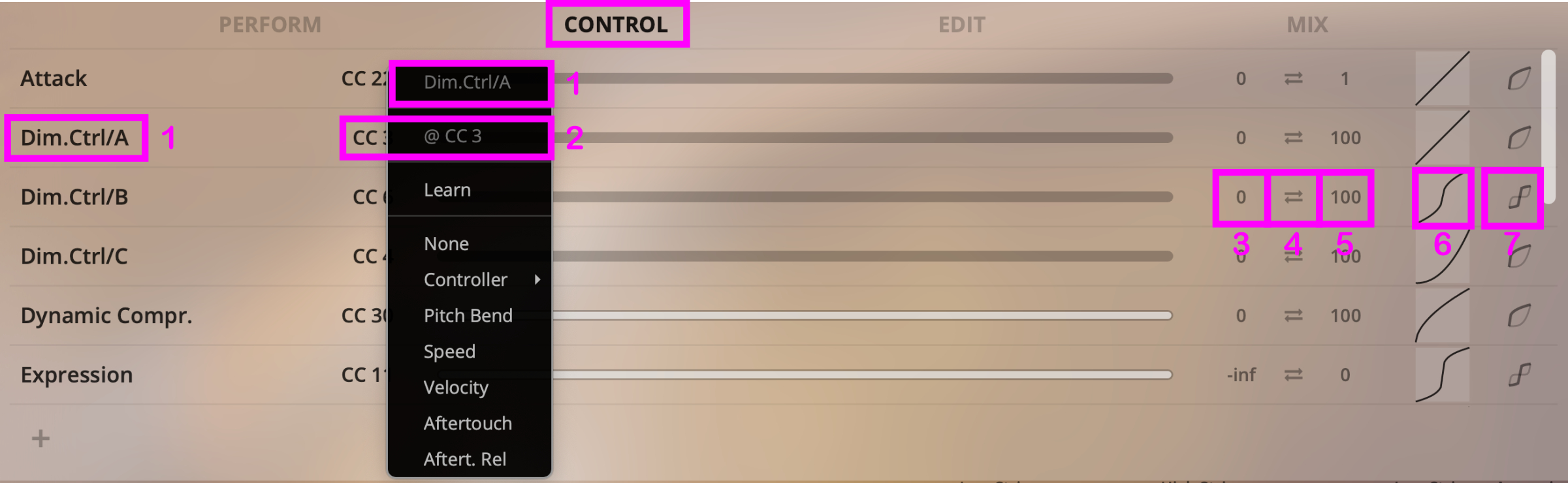 MIDI Control tab showing parameters for Dim.Ctrl/A, including CC assignment, function range (0 to 100), curve progression, and polarity.