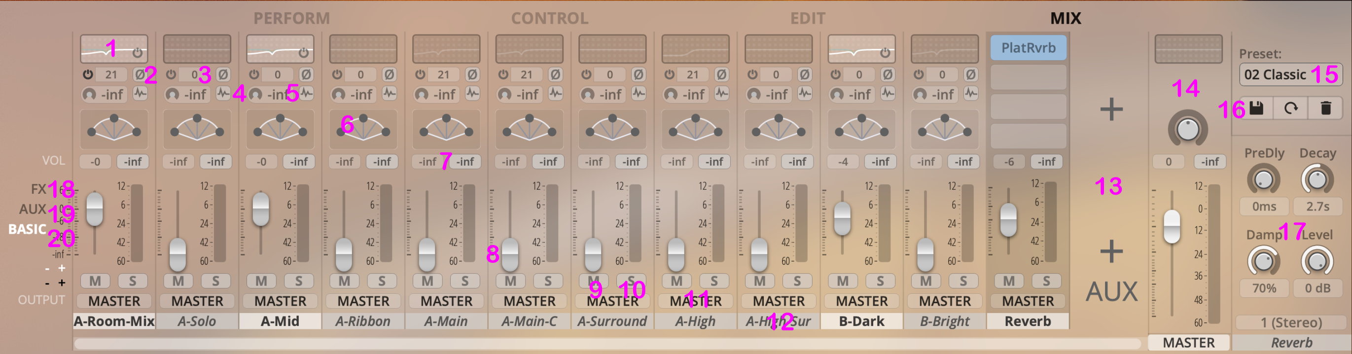 Mixer interface with multiple faders, knobs, and graphs for audio effects and equalizers.