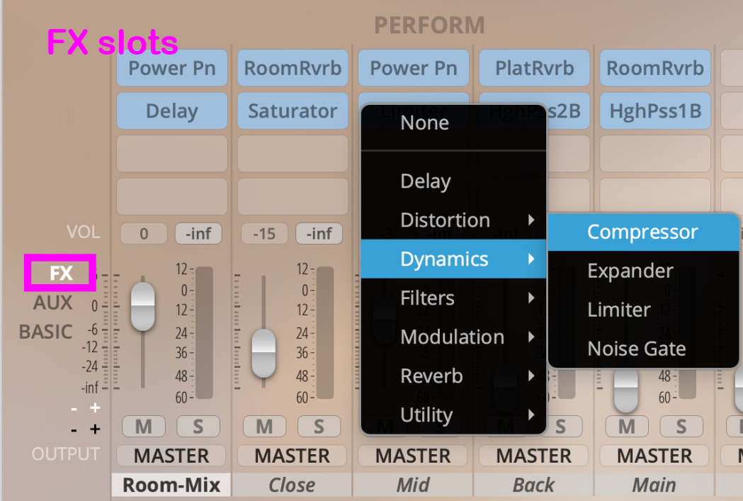 Digital audio workstation interface showing FX slot selection. A dropdown menu displays effect categories like Dynamics, with Compressor highlighted, demonstrating the process of adding a compressor effect.