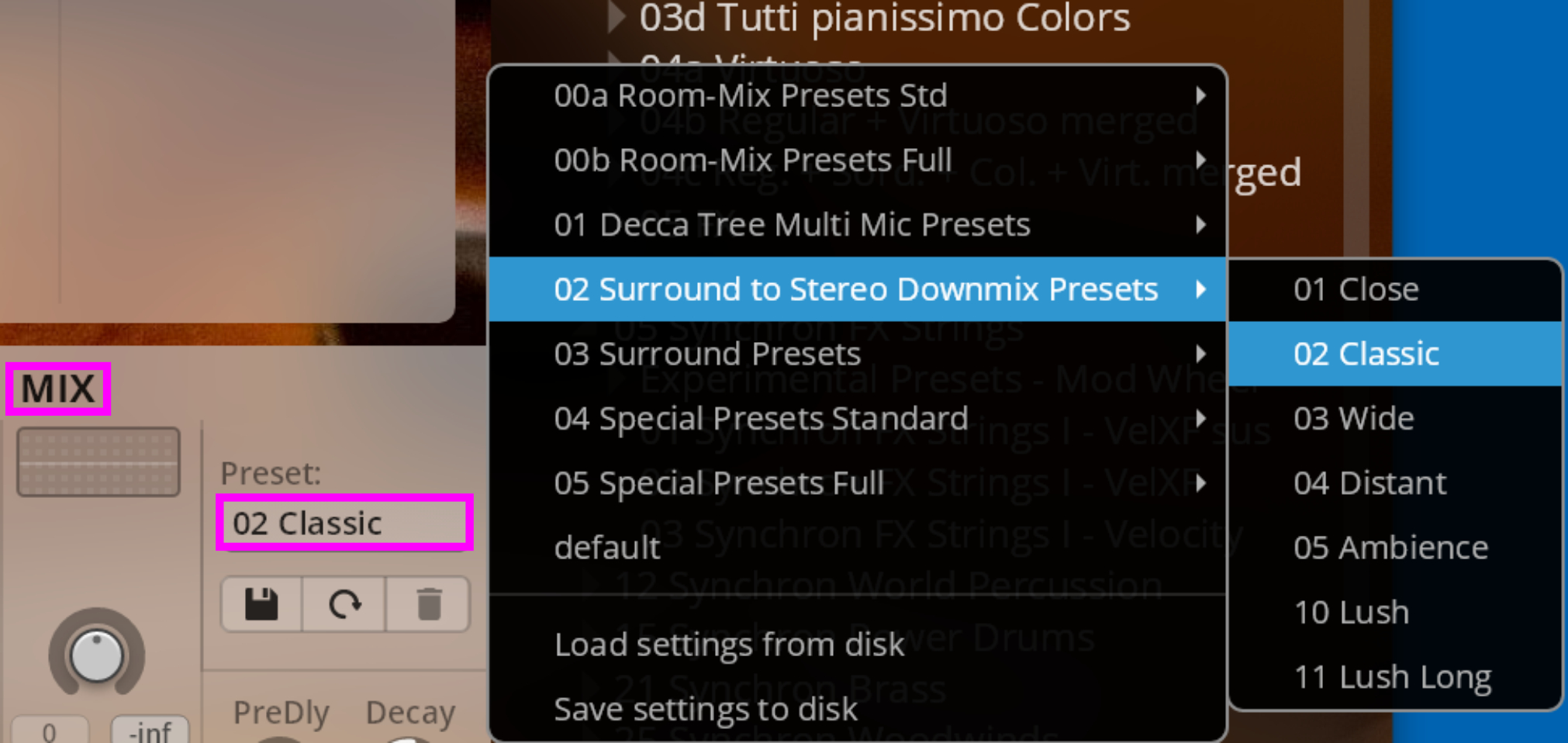Interface showing Mix tab selected, 02 Surround to Stereo Downmix Presets highlighted, and 02 Classic preset chosen for a surround sound to stereo conversion.
