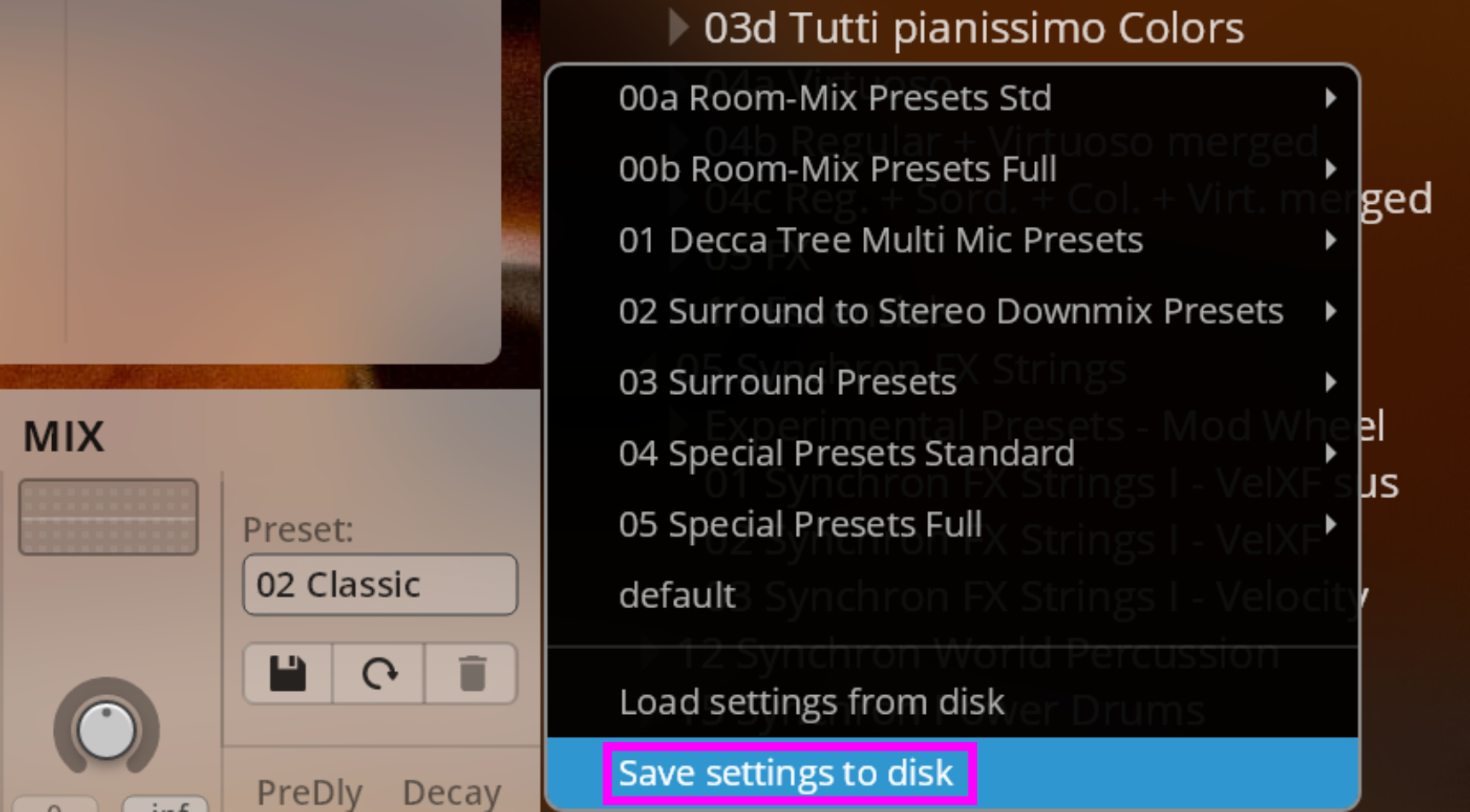 A software interface showing a black dropdown menu with various audio presets, including Room-Mix Presets, Surround Presets, and Special Presets. The menu has Save settings to disk highlighted in blue at the bottom, indicating a user action on a mix tab.