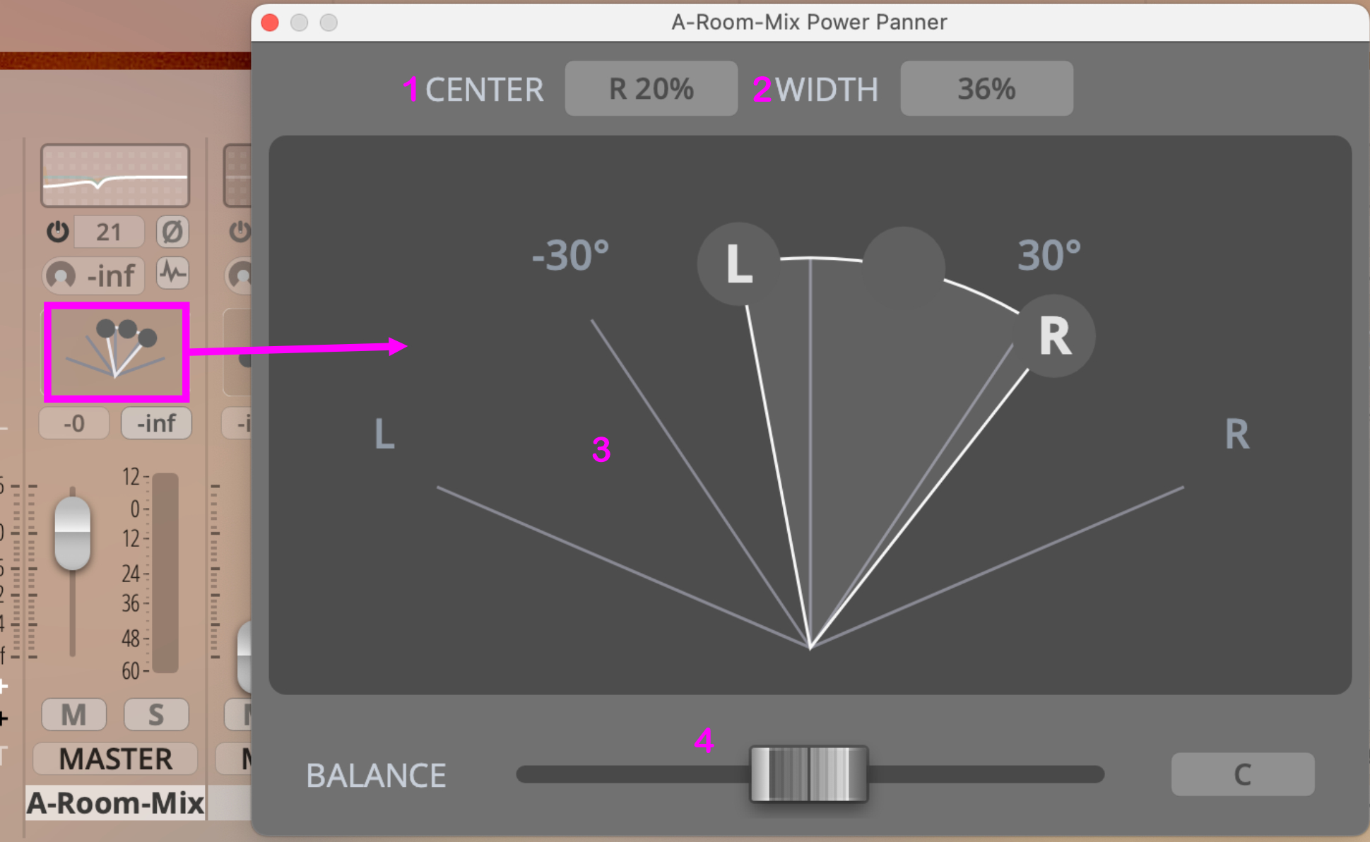 A-Room-Mix Power Panner plugin interface with a selected panner icon and a detailed view of its settings, including center, width, angle, and balance controls.