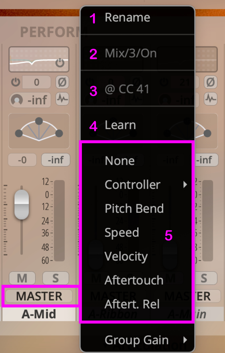Software interface showing a dropdown menu for channel EQ settings, including Rename, Mix/3/On, CC 41, Learn, and modulation options like Controller, Pitch Bend, Speed, Velocity, Aftertouch, Aftert. Rel, and Group Gain, next to a MASTER button.