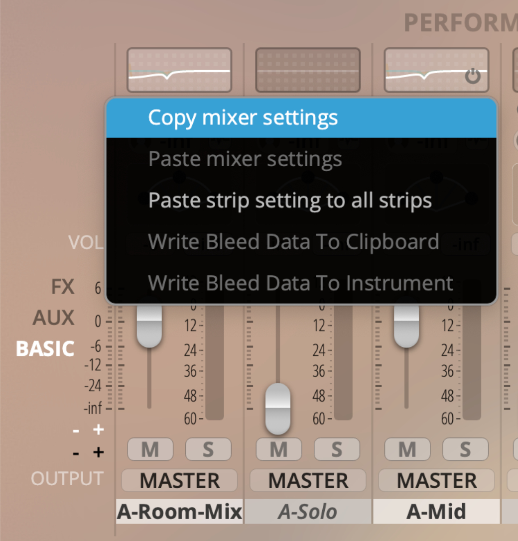Digital audio workstation mixer showing a contextual menu with options like Copy mixer settings, Paste mixer settings, and Paste strip setting to all strips.