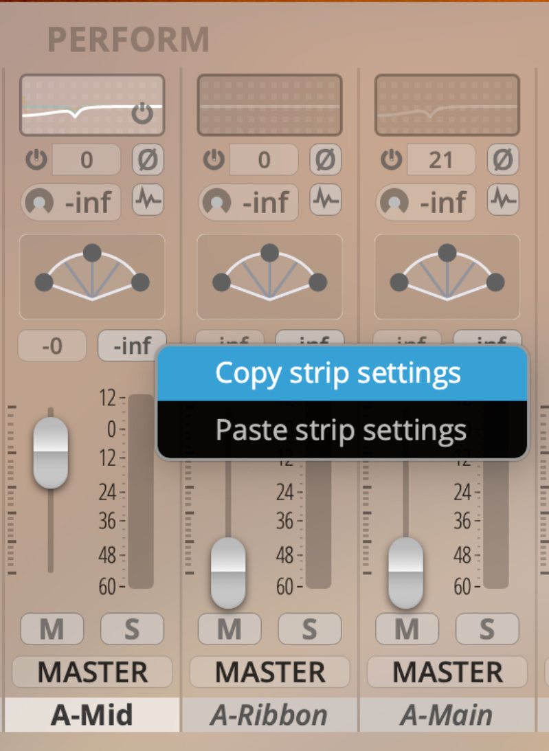 Digital audio mixer interface with channel equalizers, faders, and a context menu showing Copy strip settings and Paste strip settings options, labeled A-Mid, A-Ribbon, and A-Main.