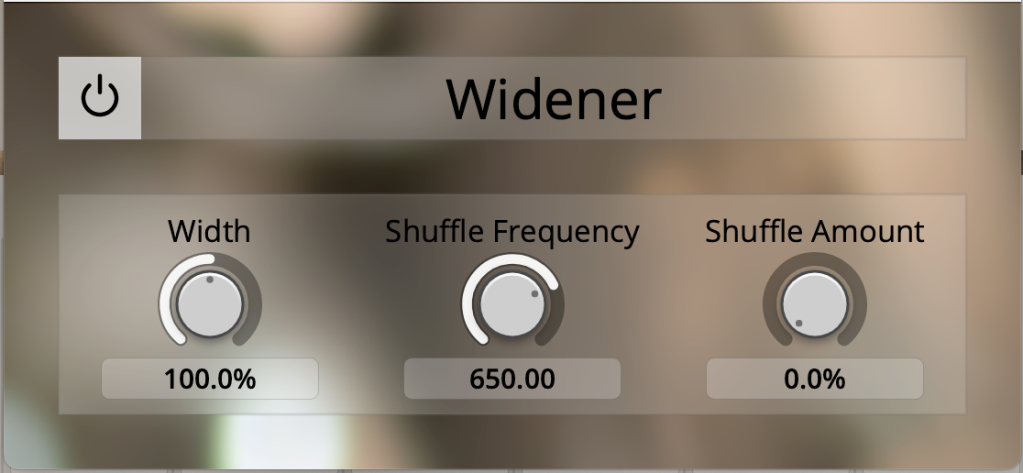 Digital interface for an audio Widener effect, showing controls for Width set to 100%, Shuffle Frequency at 650.00, and Shuffle Amount at 0.0%, with a power button at the top left.