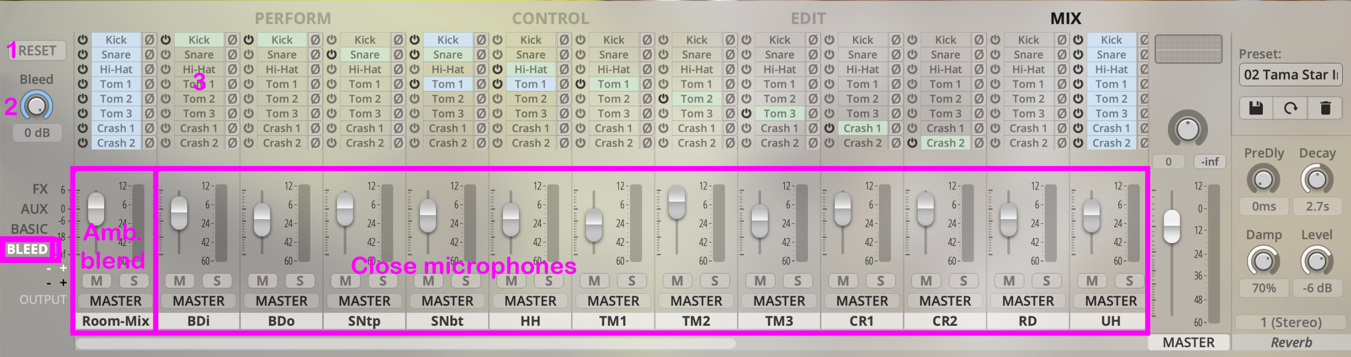 Software interface showing drum sound controls for mix, bleed, microphone faders, and reverb settings.