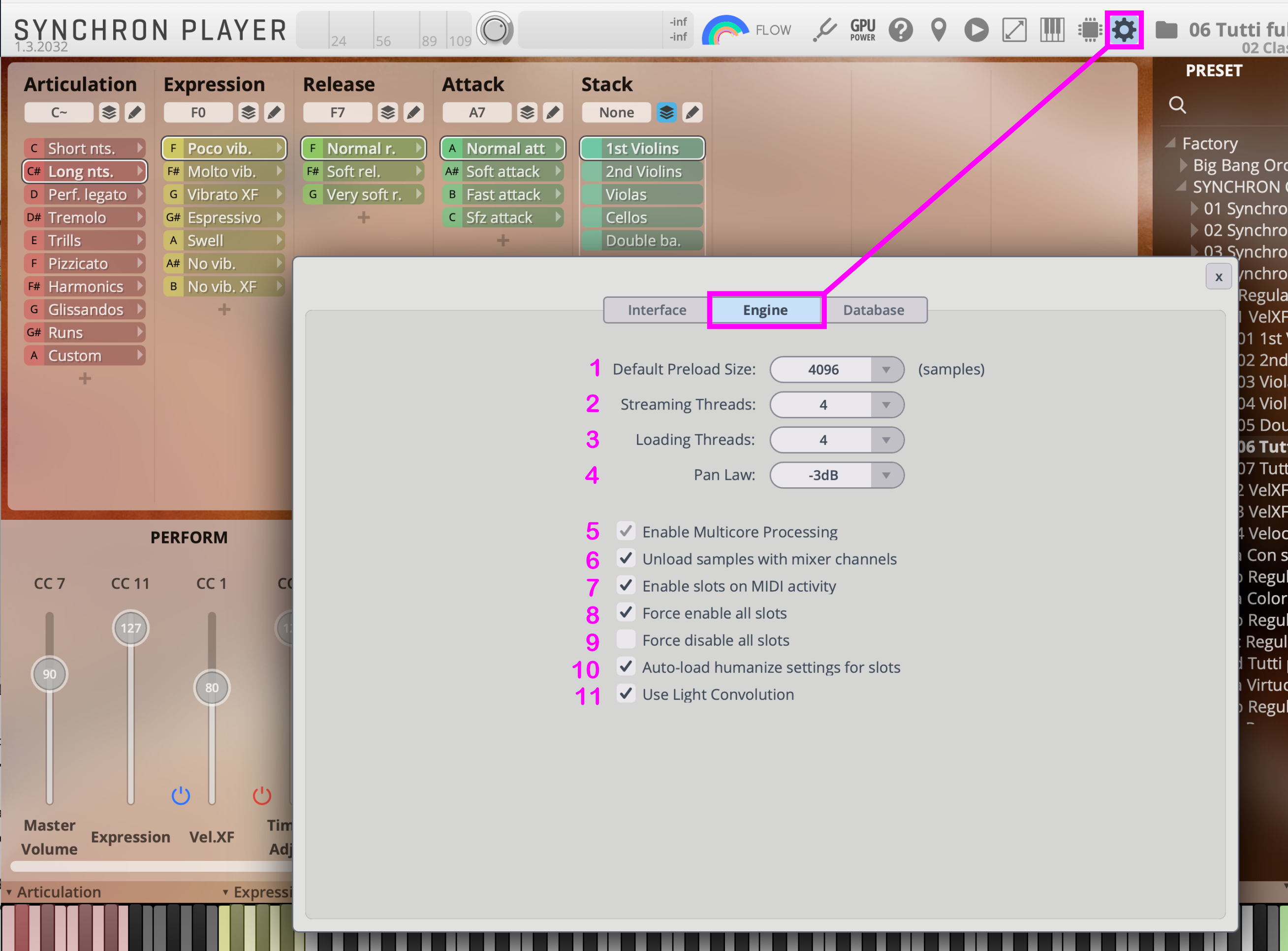 Screenshot showcasing the Engine Settings tab within the Synchron Player software, with Default Preload, Streaming Threads, and Loading Threads options visible.