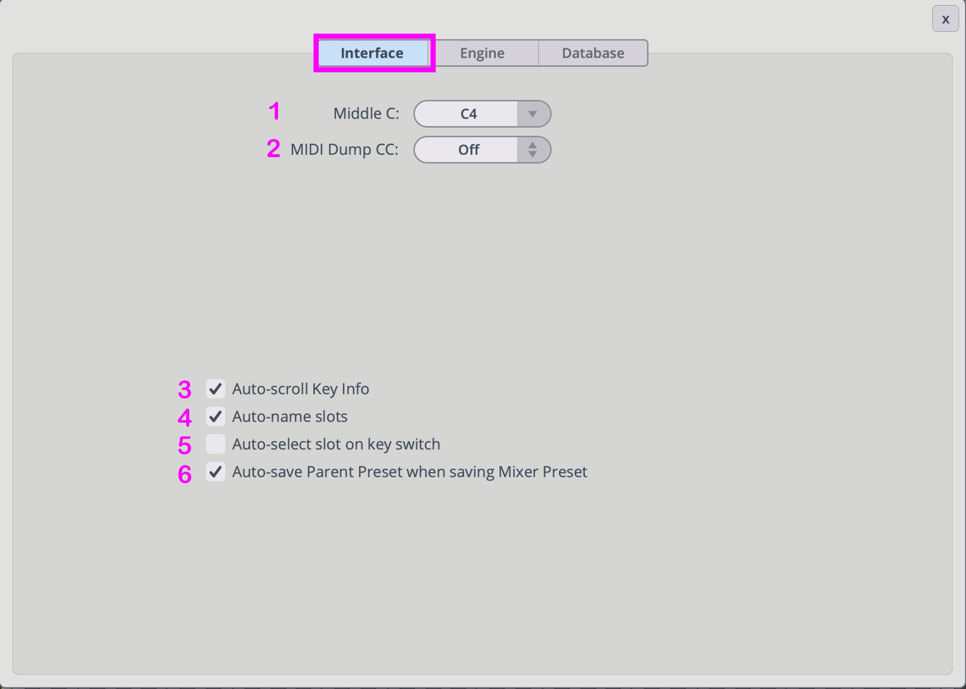 Software interface settings with Interface tab highlighted, showing options for Middle C key and MIDI Dump CC, along with checkboxes for Auto-scroll Key Info, Auto-name slots, Auto-select slot on key switch, and Auto-save Parent Preset when saving Mixer Preset.