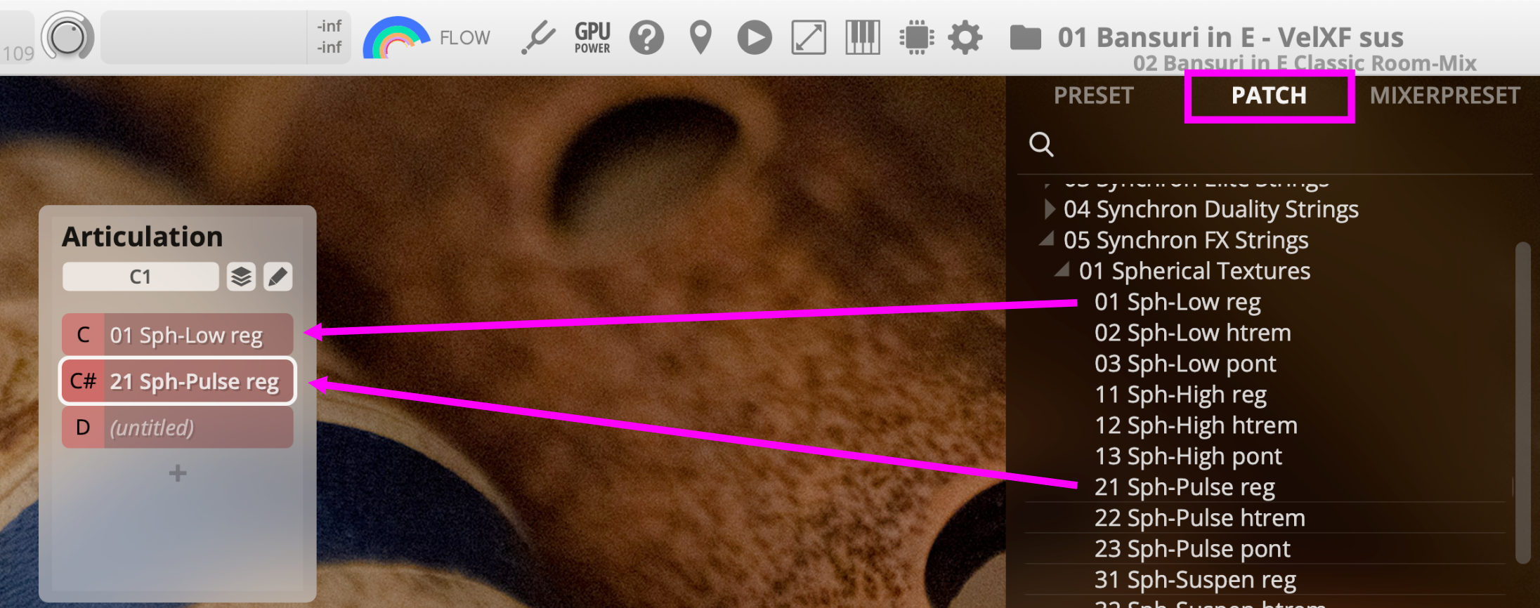 Software interface showing articulation and patch selection for an audio plugin.