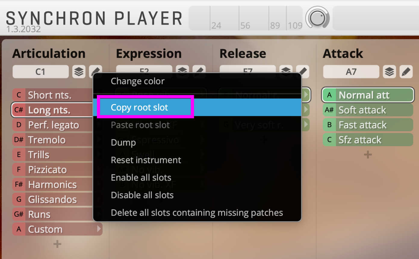 Synchron Player software interface showing a context menu with Copy root slot highlighted, demonstrating how to clone presets for custom setup.
