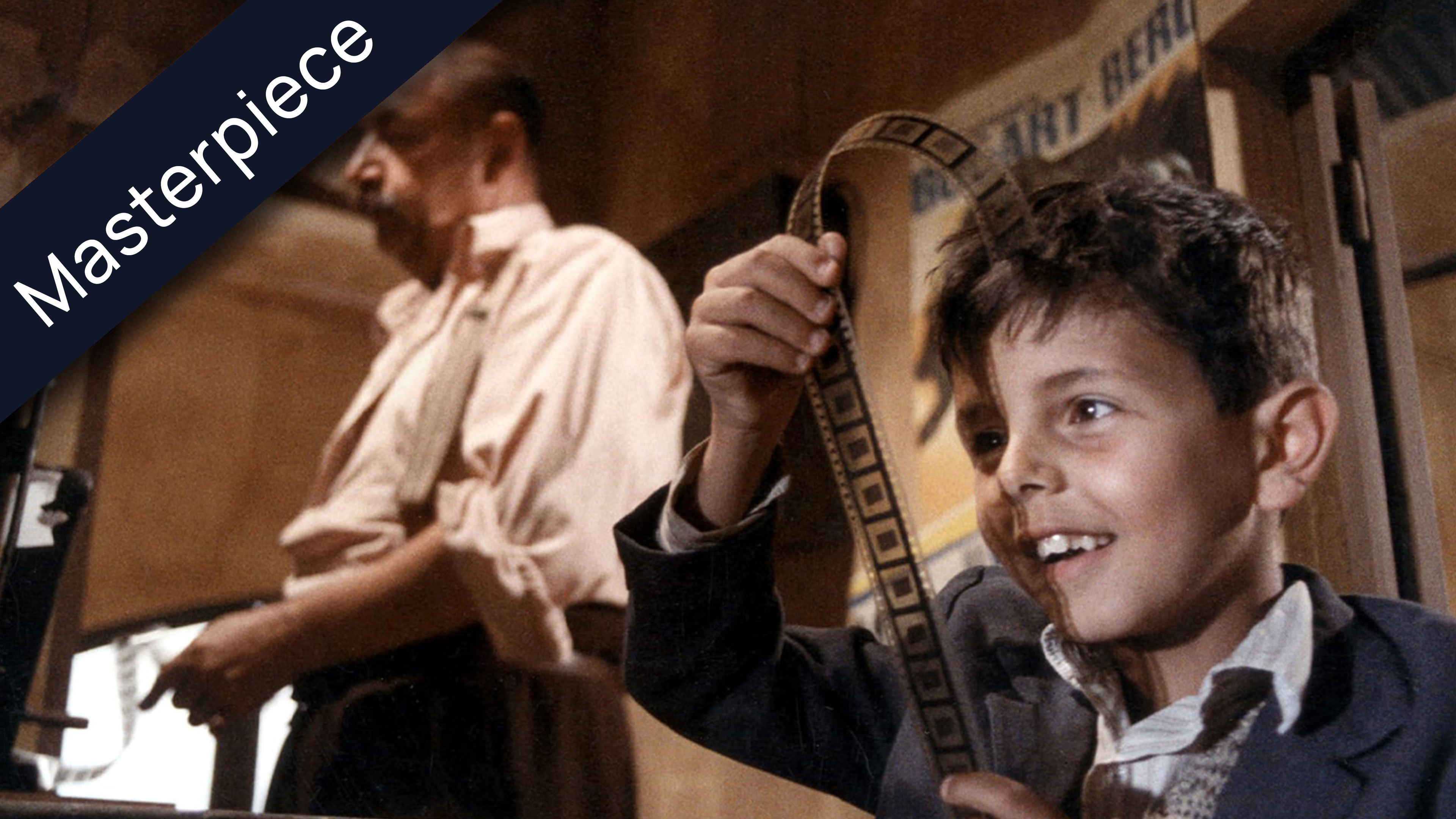 Young boy happily holding film strip, man in background, cinematic Masterpiece film title.