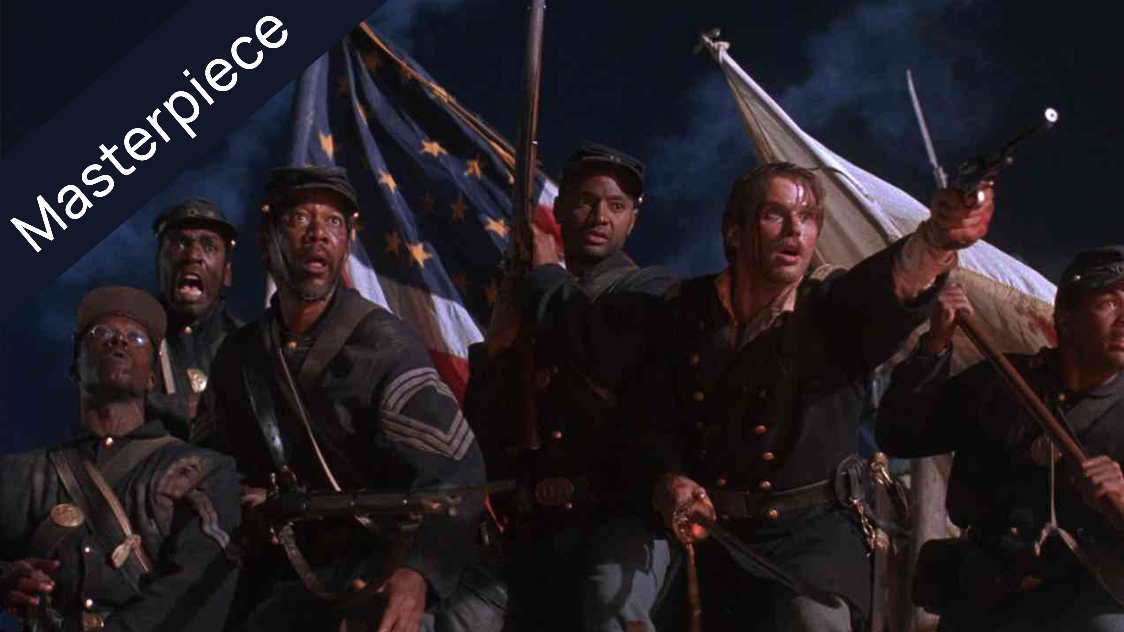 Masterpiece movie still from Glory depicting a climactic Civil War battle scene with Union soldiers, including African American troops, charging with intense expressions, an American flag, and a soldier firing a pistol.