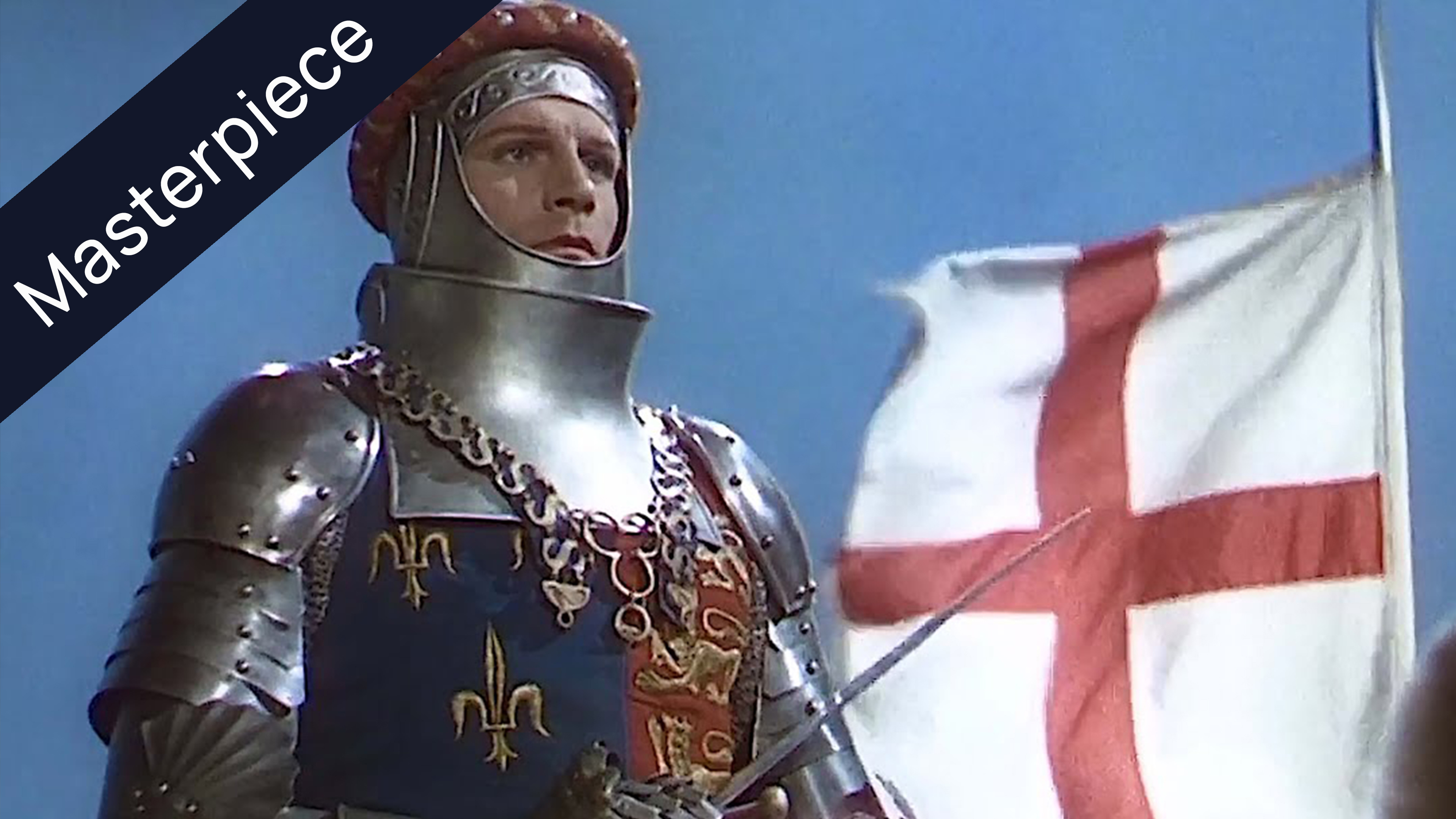 Knight in shining armor with blue and red tunic, fleur-de-lis, and a St. George's Cross flag in the background, labeled Masterpiece.