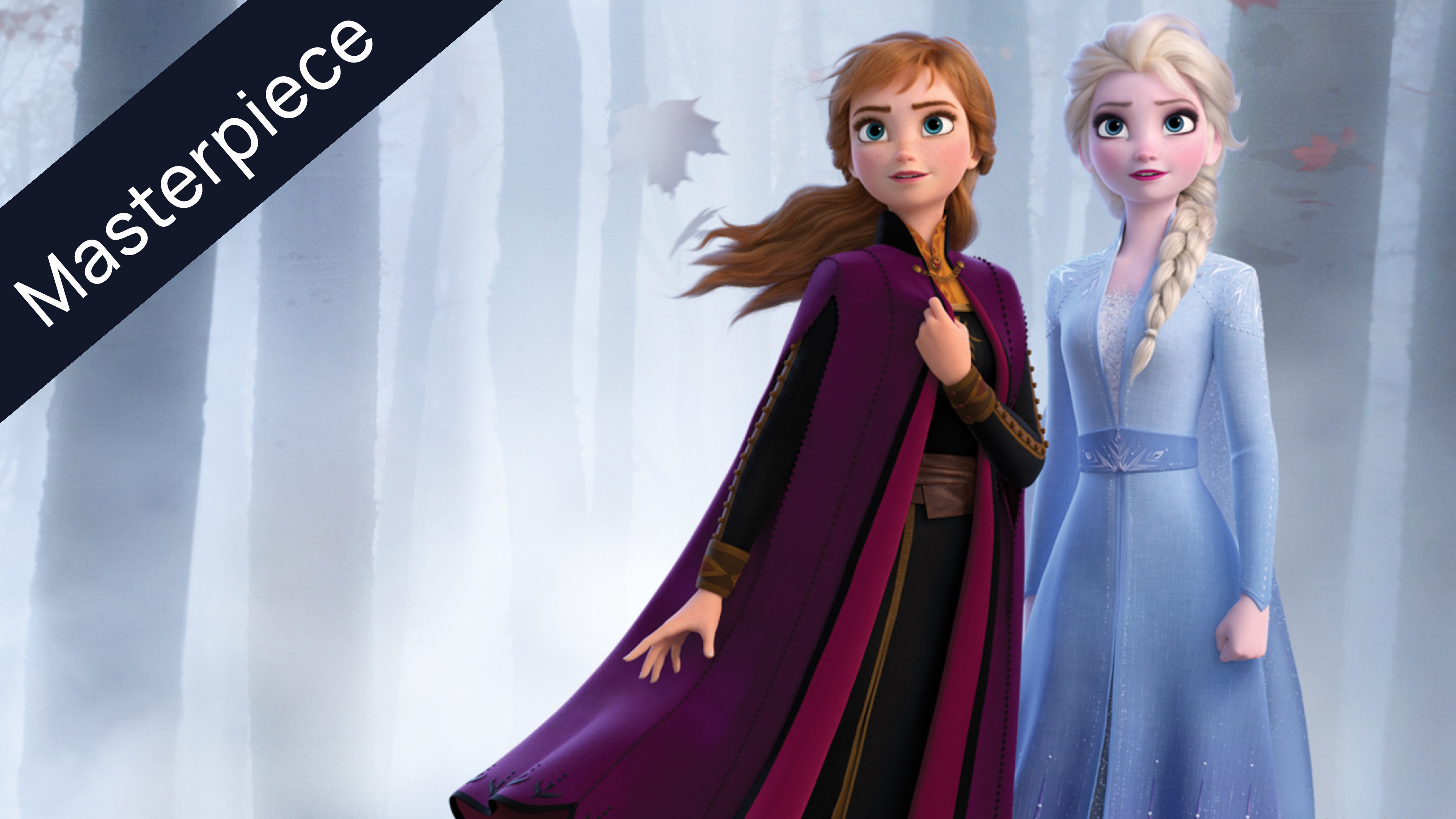 Elsa and Anna from Frozen II, a Disney animated movie, standing in a magical forest with a Masterpiece banner.