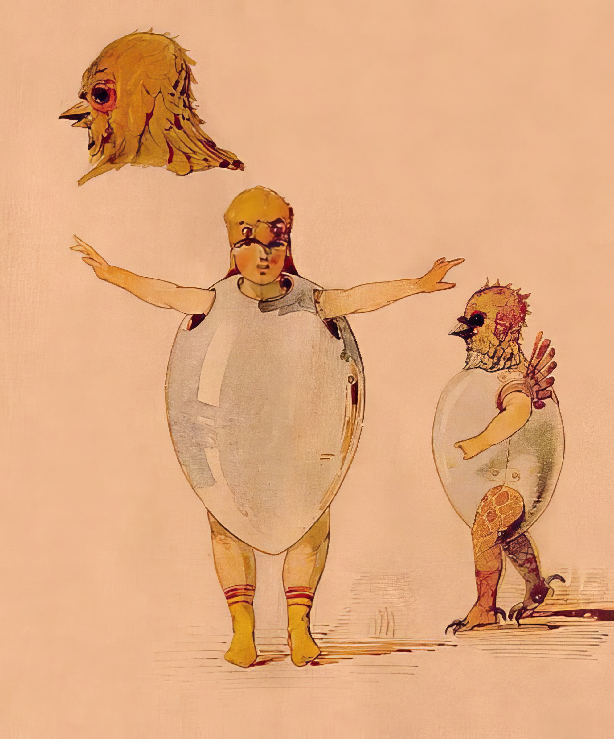 Humorous illustration: a chick's head, an actor in cracked eggshell costume with human arms, and another in partially hatched eggshell costume revealing scaly legs, depicting the Ballet of Unhatched Chicks.