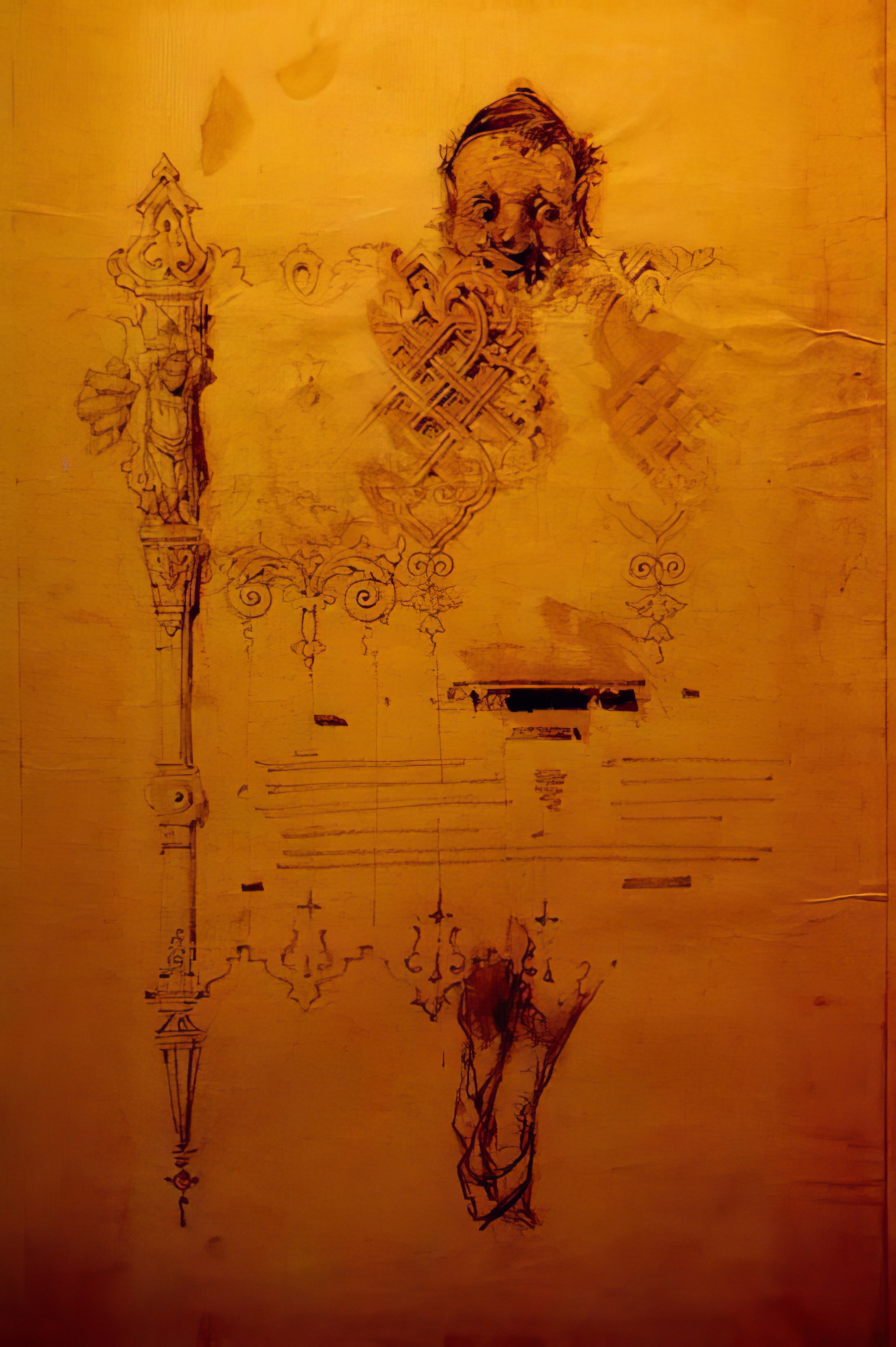 Detailed sketch drawing in brown on a dominant ochre-yellow background depicts a distorted, wide-eyed, wild-haired face with intricate patterns on the chest resembling decorative ironwork and a muted trumpet. To the left is an ornate, vertical structure reminiscent of a lamppost or architectural column. The overall composition suggests a surreal gnome-like figure and musical elements.
