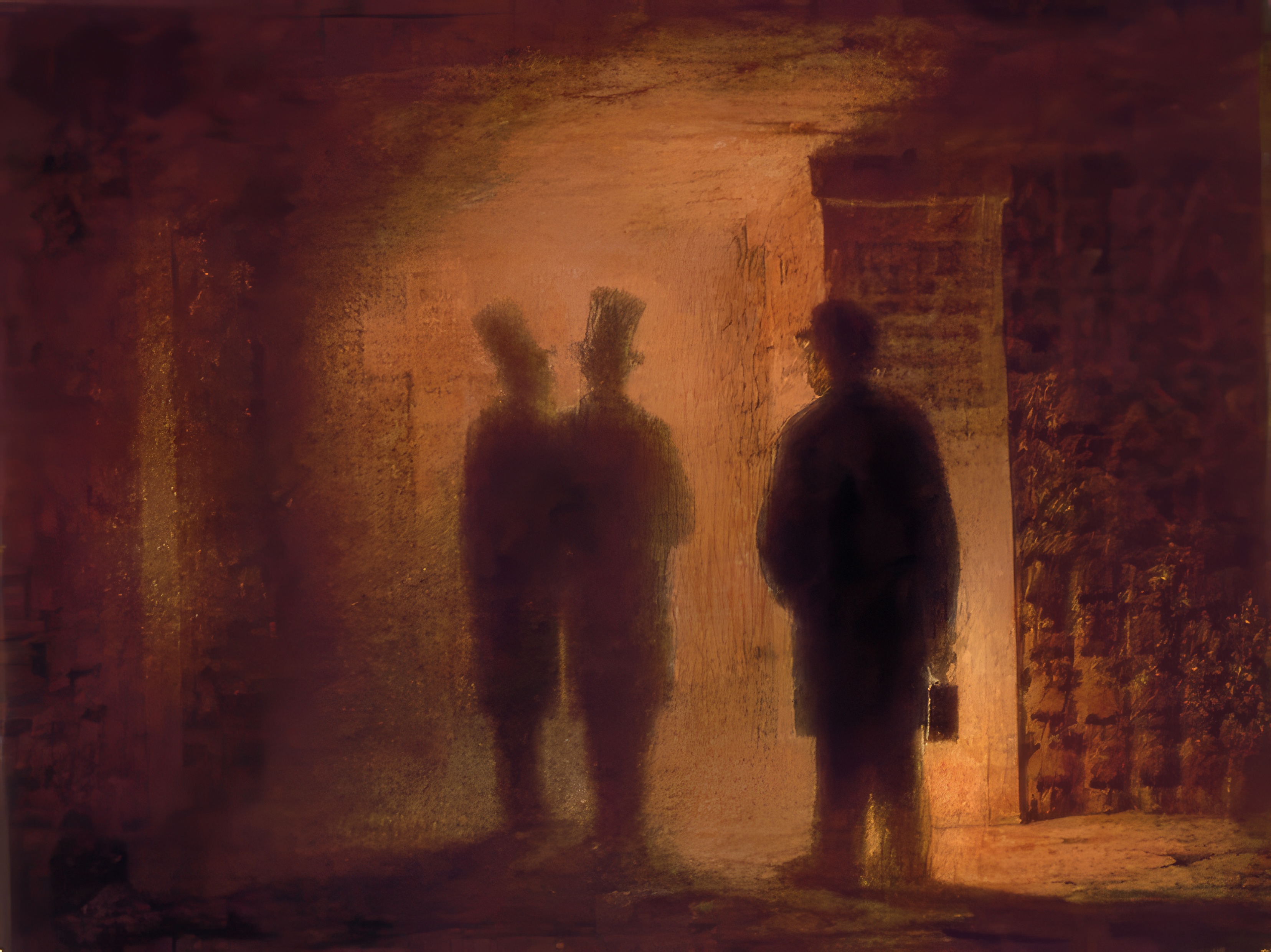Grungy, blurred image resembling a painting, showing three shadowy figures in dark formal clothing and top hats in a dimly lit, narrow catacomb passageway. The figures appear ghostly, their outlines barely visible against the rough, reddish-brown stone walls, evoking a mysterious and somber atmosphere suitable for a Catacombs theme.