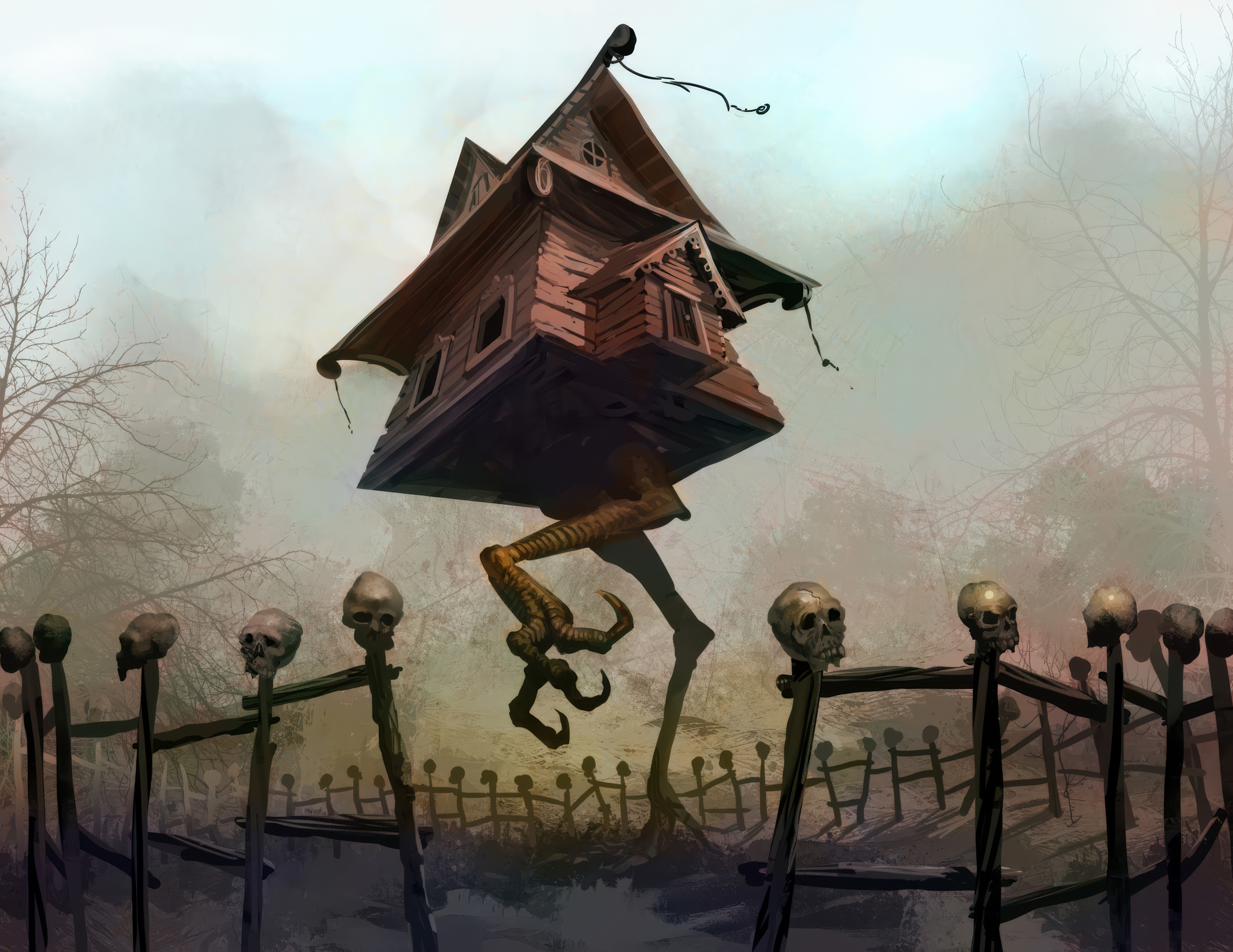 Baba Yaga's hut on chicken legs, a wooden house with dark windows perched on scaly bird-like limbs standing behind a fence adorned with human skulls in a spooky landscape.