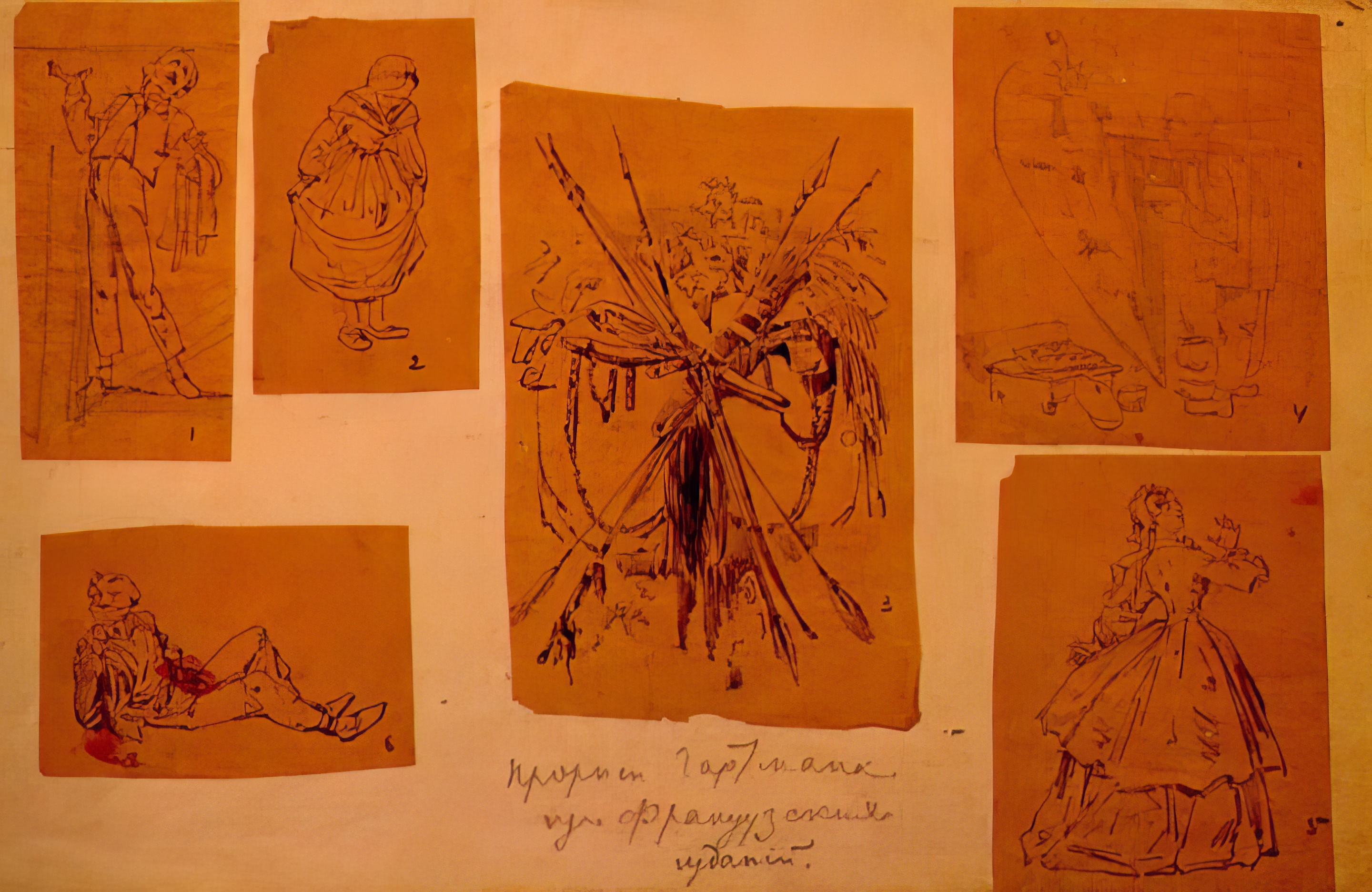 Six sepia-toned sketches of figures and objects, likely from Limoges market, including men, women in dresses, and a still life of bundled items.