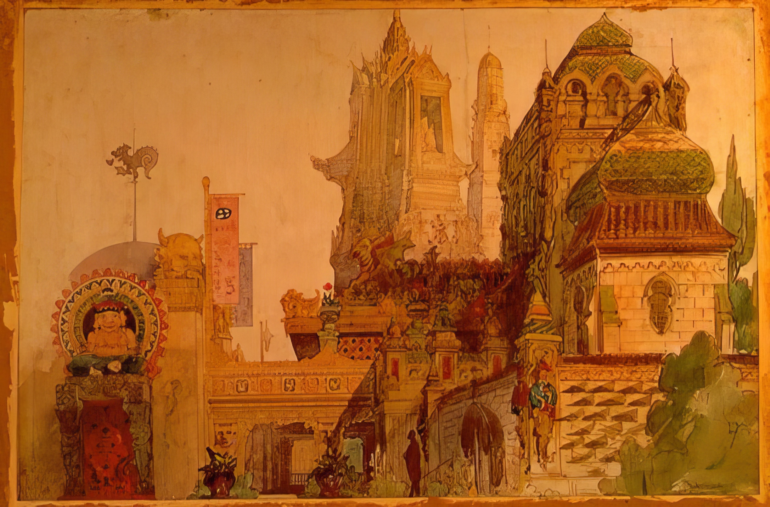 Watercolor painting of a fantastical, towering old castle with intricate golden and green architectural details, featuring a cheerful seated Buddha statue and a dragon weathervane, possibly a stage design for Modest Mussorgsky's Pictures at an Exhibition.