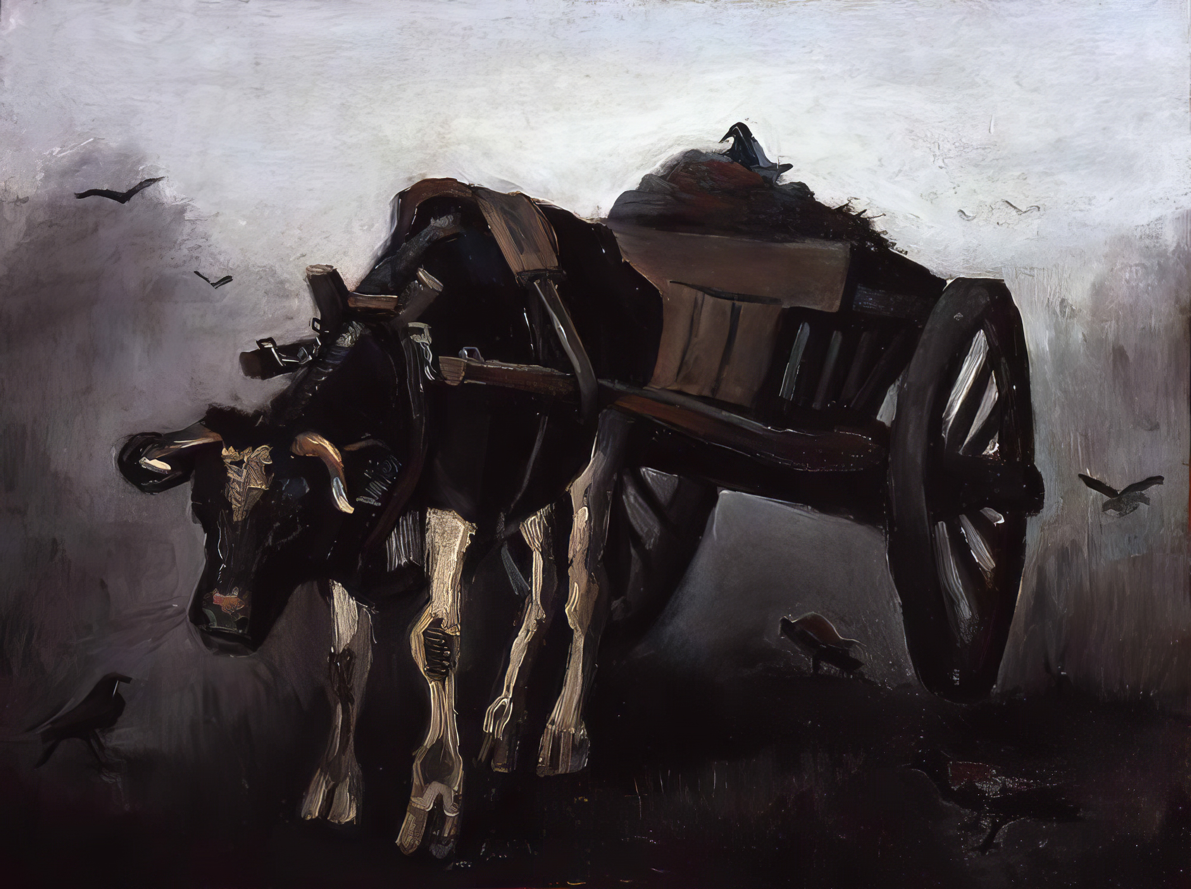 A dark, expressionistic painting depicting a single ox harnessed to a heavy wooden cart, titled Bydlo. The ox, dark in color, stands with its head low, conveying strength and burden. The cart is large and appears laden. Black birds fly above and perch near the scene. The overall mood is somber with muted, heavy brushstrokes, suggesting a difficult journey or labor, reflecting the Musorgsky Oxcart movement.