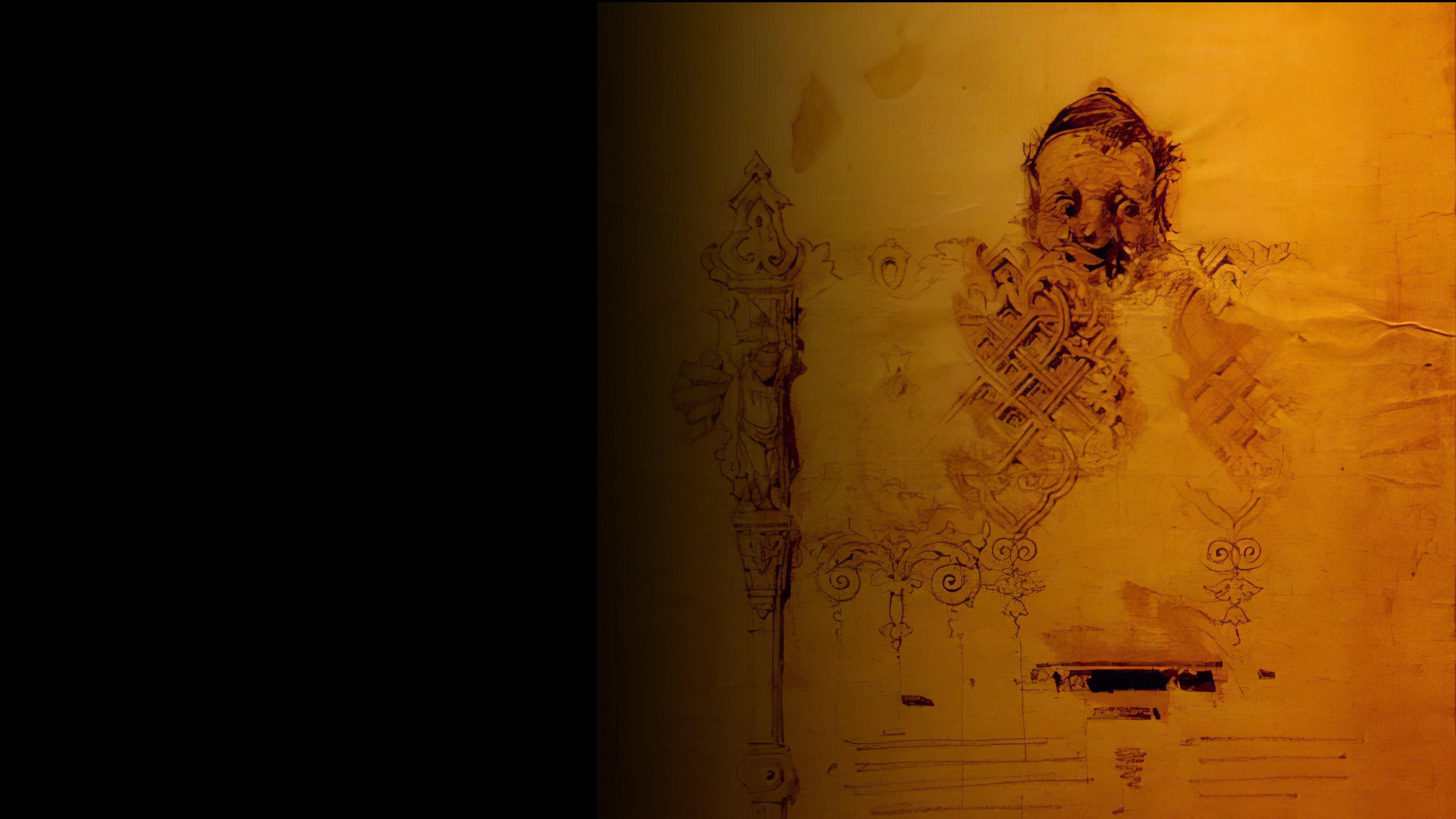 Abstract depiction in warm yellow tones with partial black background, featuring a stylized face and intricate design motifs resembling architectural or organic patterns, possibly related to Mussorgskys Promenade musical motif.