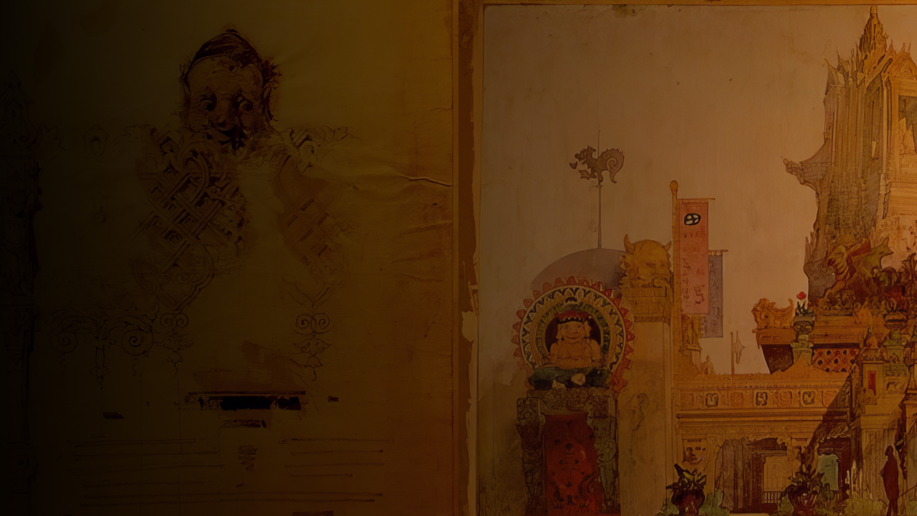 Mussorgsky Promenade II illustration featuring a rough sketch of a face on the left and a detailed architectural drawing with Asian influences on the right.