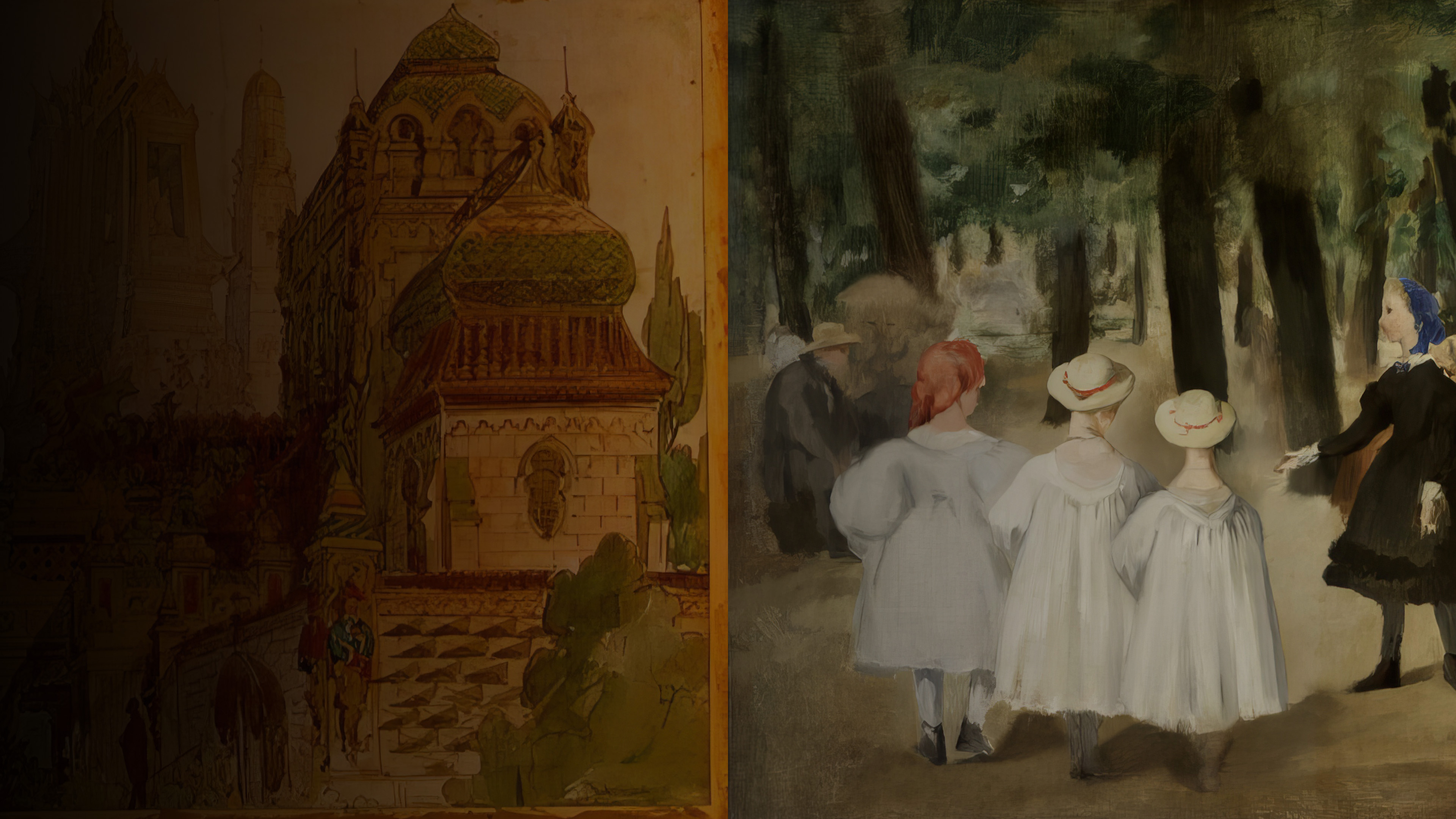A divided image showing a colorful architectural sketch of a building with intricate domes and towers resembling an ornate gate on the left, and on the right, an oil painting of a promenade with several people, including a group of children in white dresses and hats viewed from behind.