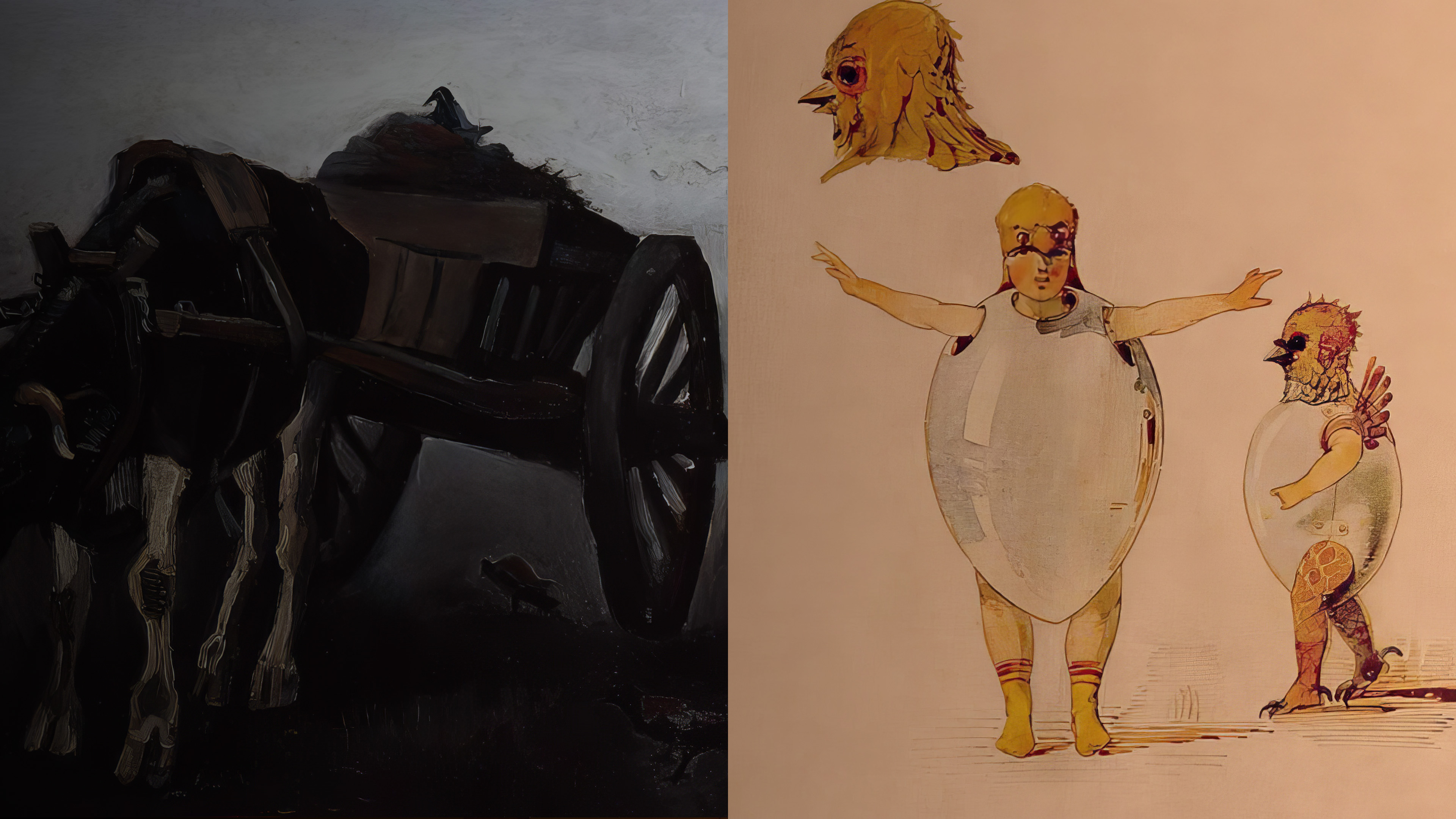 Side-by-side paintings: a dark, impressionistic farm cart pulled by unseen animals, and a bright illustration of two figures in egg-shaped costumes with bird heads, one pointing.