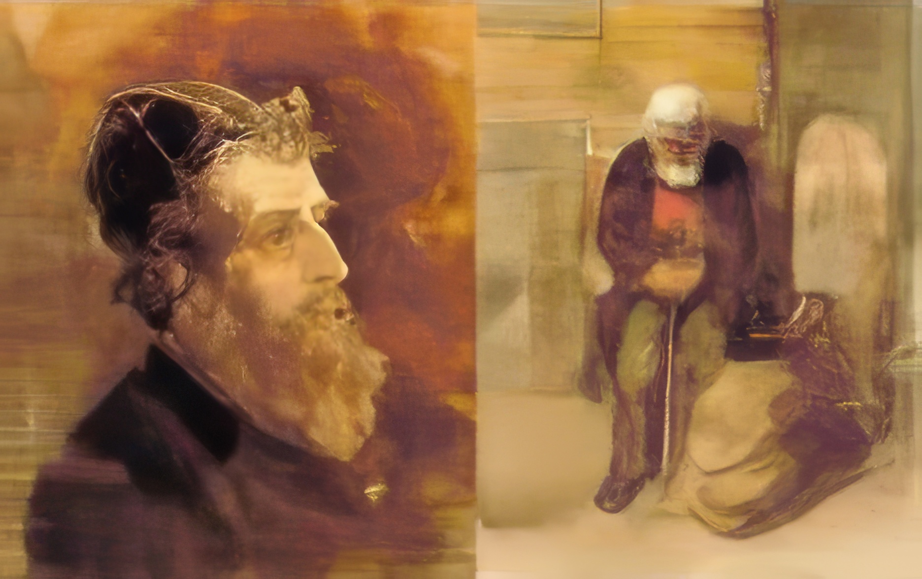 Artistic rendering of Samuel Goldenberg, a rich Jew with a fur cap, and the beggar Schmuyle, depicting two contrasting figures.