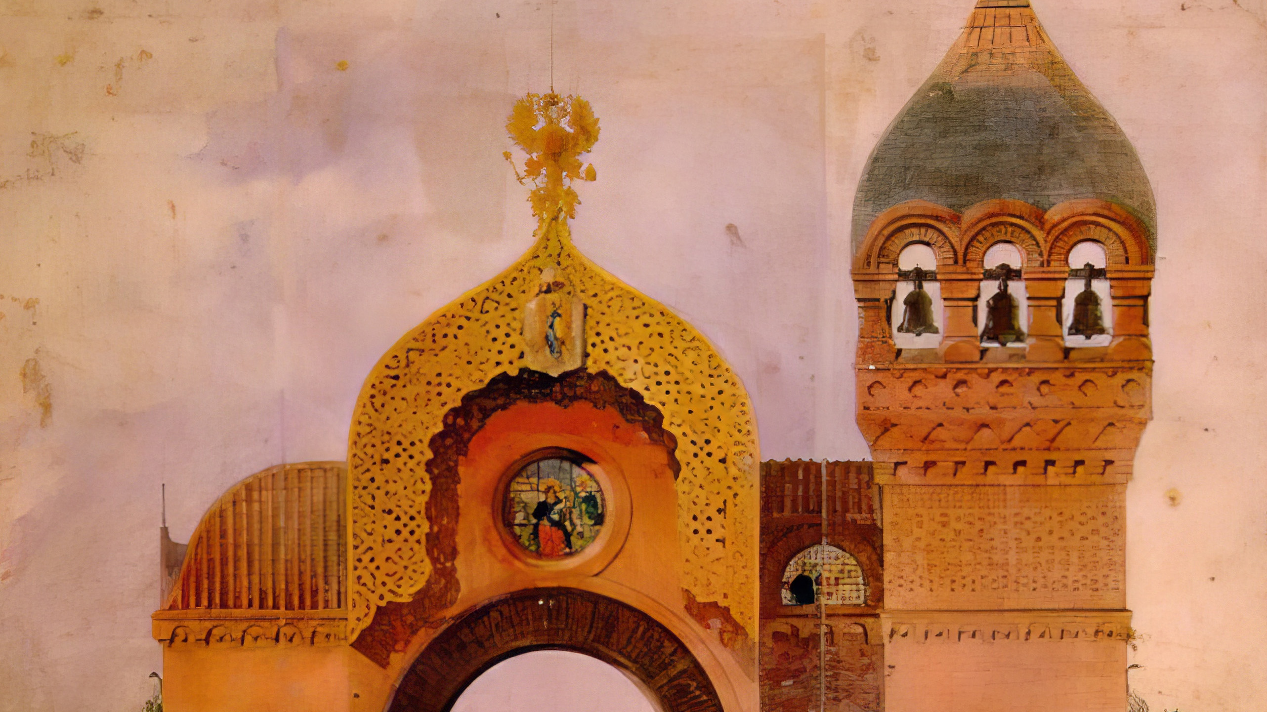 Architectural drawing of the Grand Gates of Kiev, featuring a golden, ornate domed archway with a round stained-glass window, next to a tower topped with a large grey dome and three visible archways containing bells.