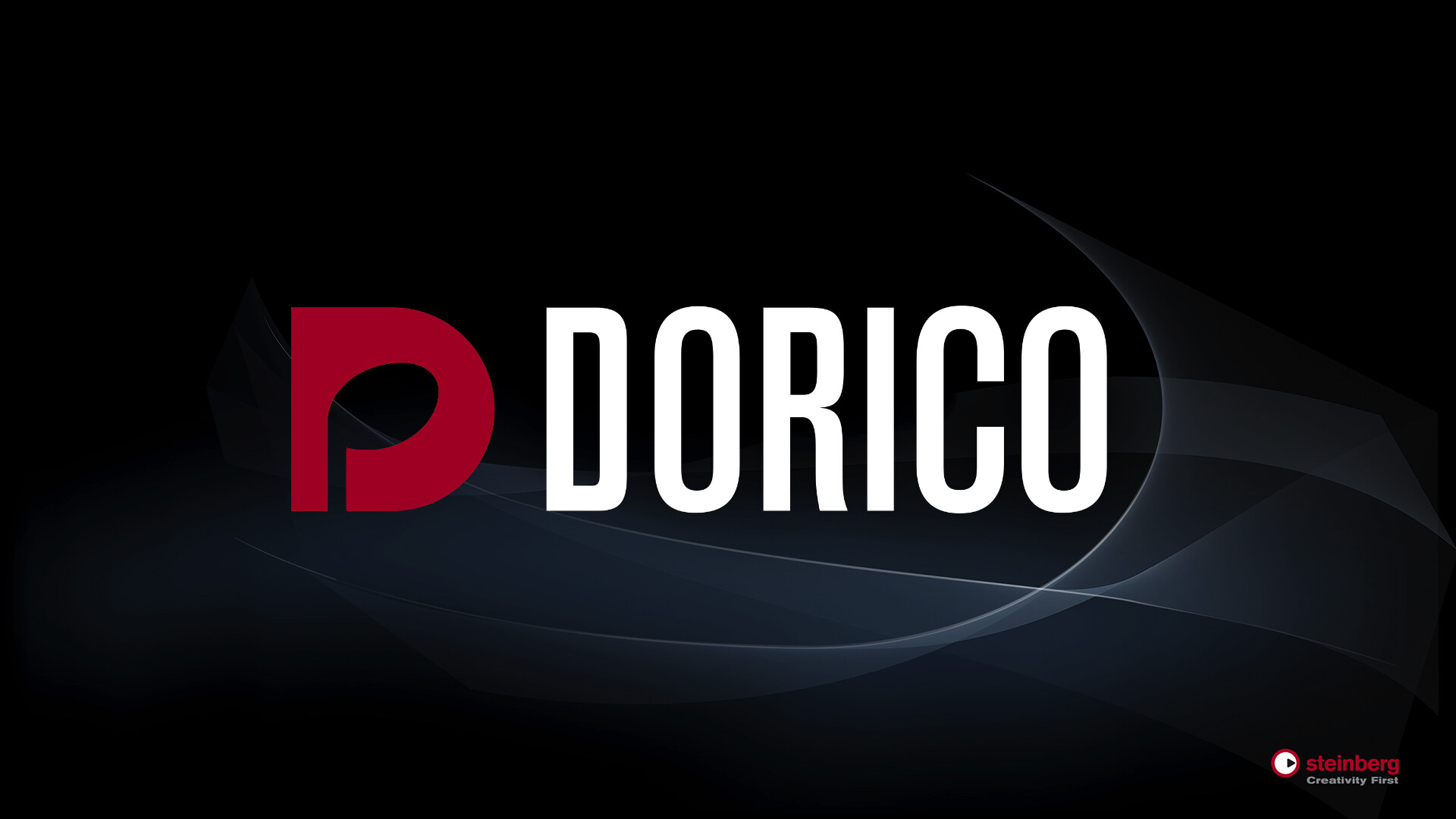 Dorico software logo with red D icon and white text Dorico, on a dark background with flowing abstract gray lines. The Steinberg Creativity First logo is in the bottom right corner.