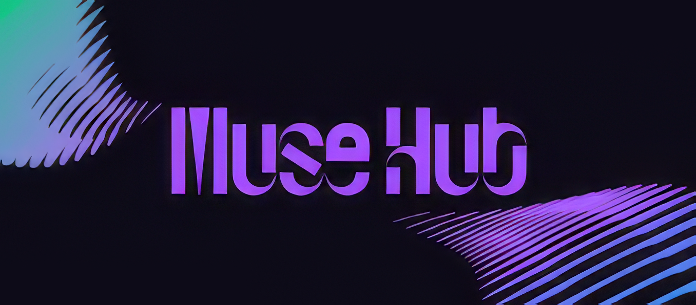 Muse Hub logo in vibrant purple against a dark background, with abstract wavy lines in complementary colors.