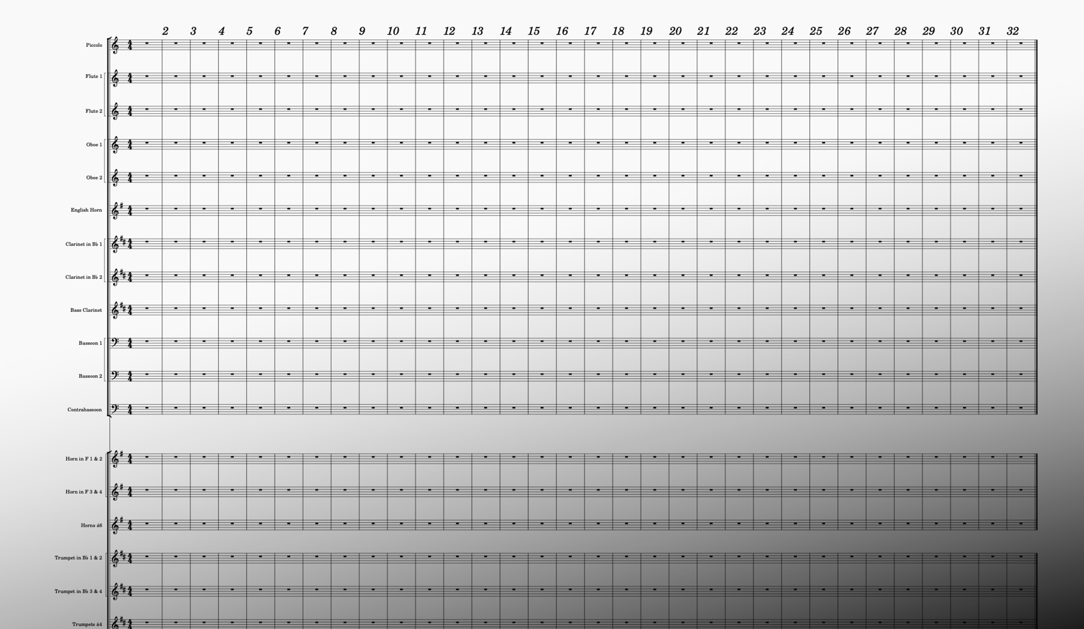 Full orchestral score music template for MuseScore, featuring instrument names like Piccolo, Flute, Oboe, Clarinet, Bassoon, Horn, and Trumpet with measure numbers.