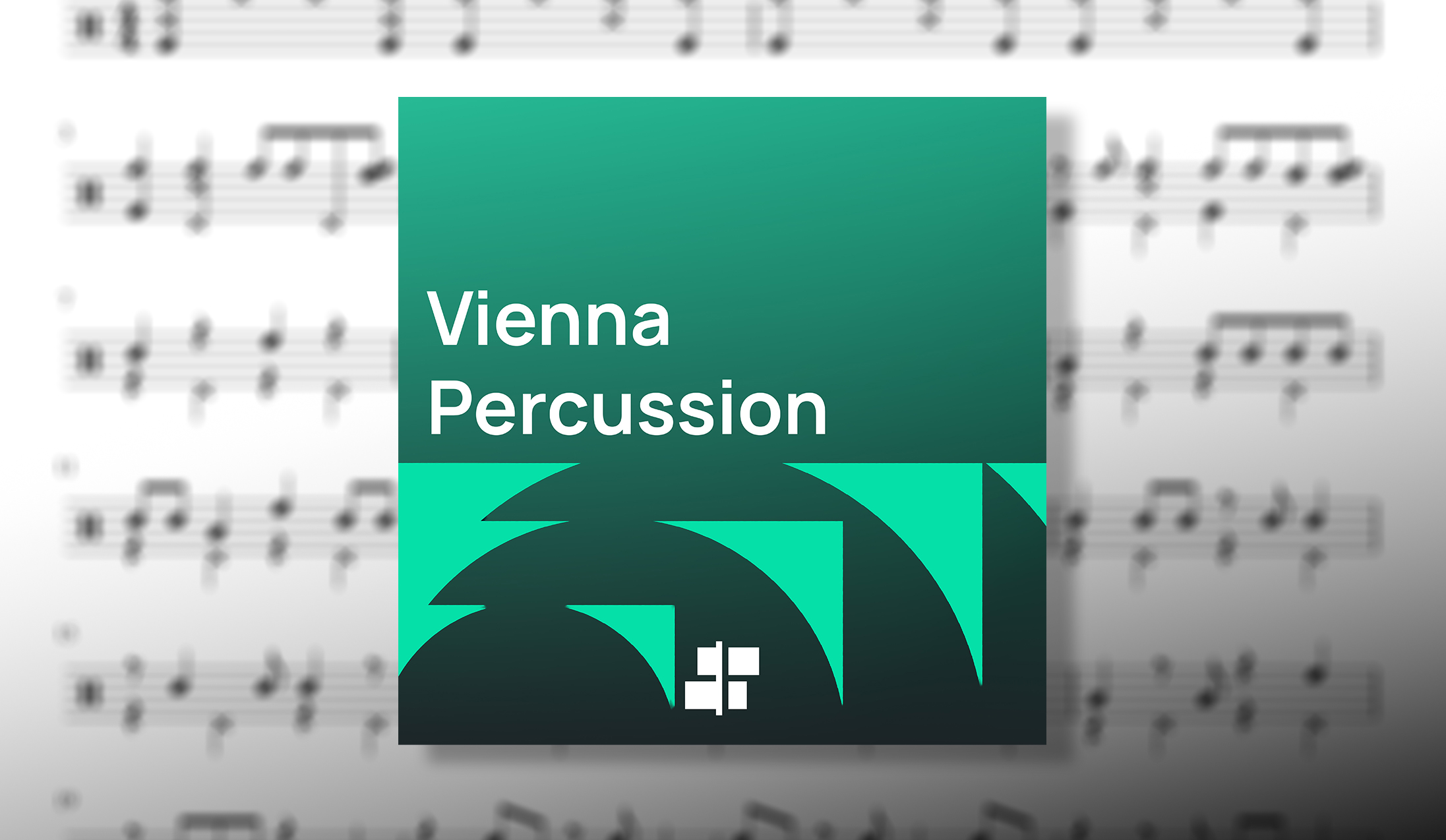 Vienna Percussion software logo, green gradient square with white text Vienna Percussion, overlapping blurred music sheet background.