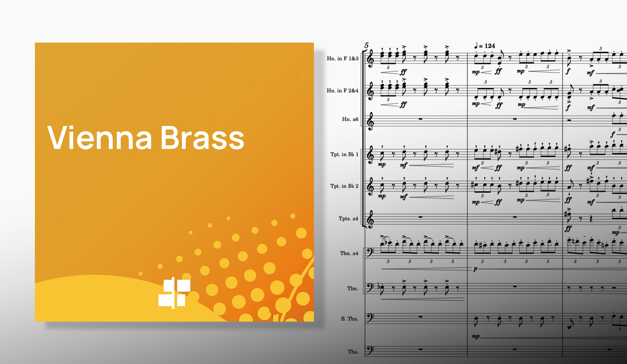 Musical score for Vienna Brass, featuring horn, trumpet, and trombone parts with dynamics and tempo markings.
