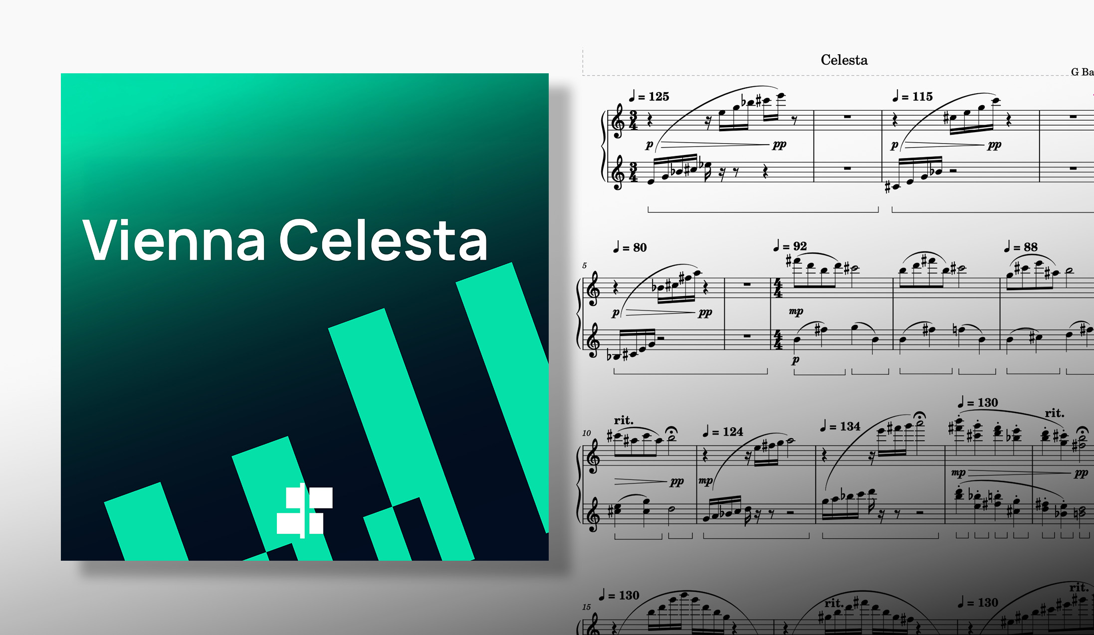 Album art for Vienna Celesta, a music production software or sample library, partially obscuring a sheet music score for Celesta, featuring notation for tempo changes like J=125 and J=115.