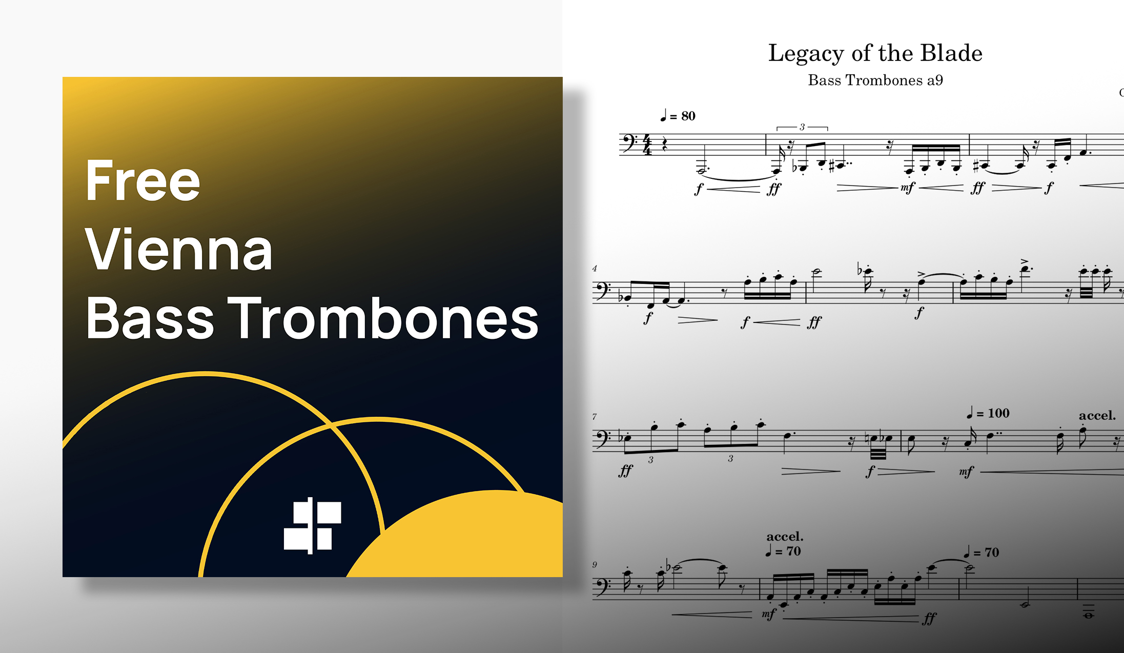 Promotional image for Free Vienna Bass Trombones, showcasing a design with golden and dark overlays, alongside a musical score titled Legacy of the Blade, featuring notation for bass trombones.