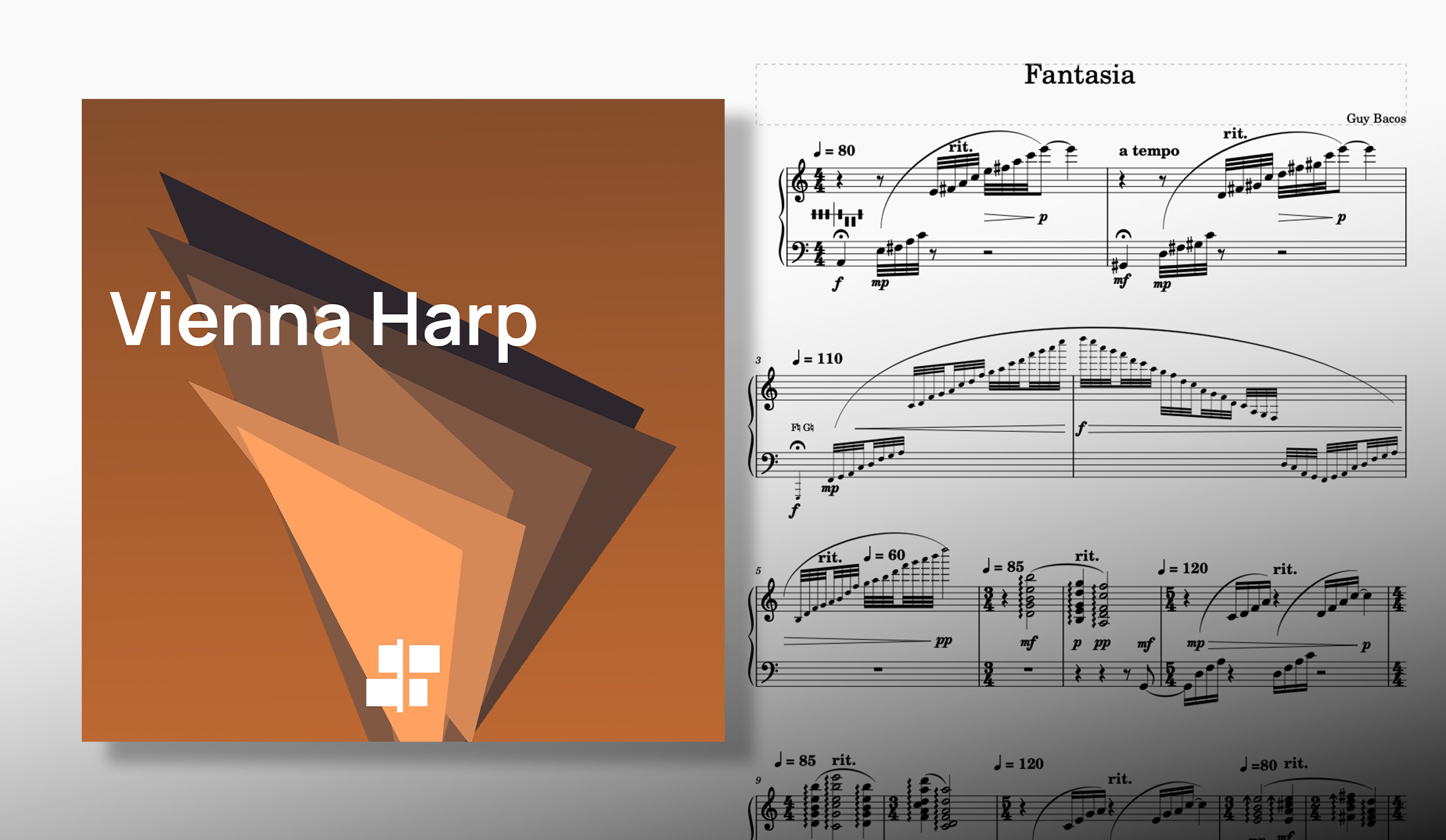 Vienna Harp album cover alongside sheet music for Fantasia by Guy Bacos.