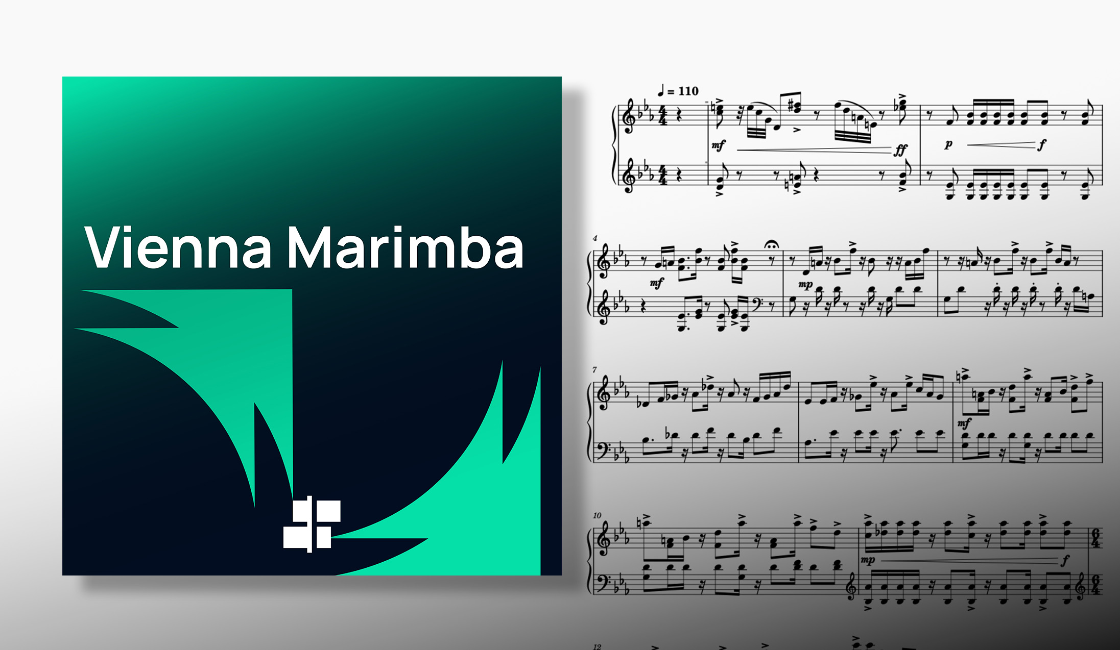 Vienna Marimba album artwork alongside musical notation for a marimba composition, showing tempo marking J=110, dynamics mf, ff, p, f, and mp.