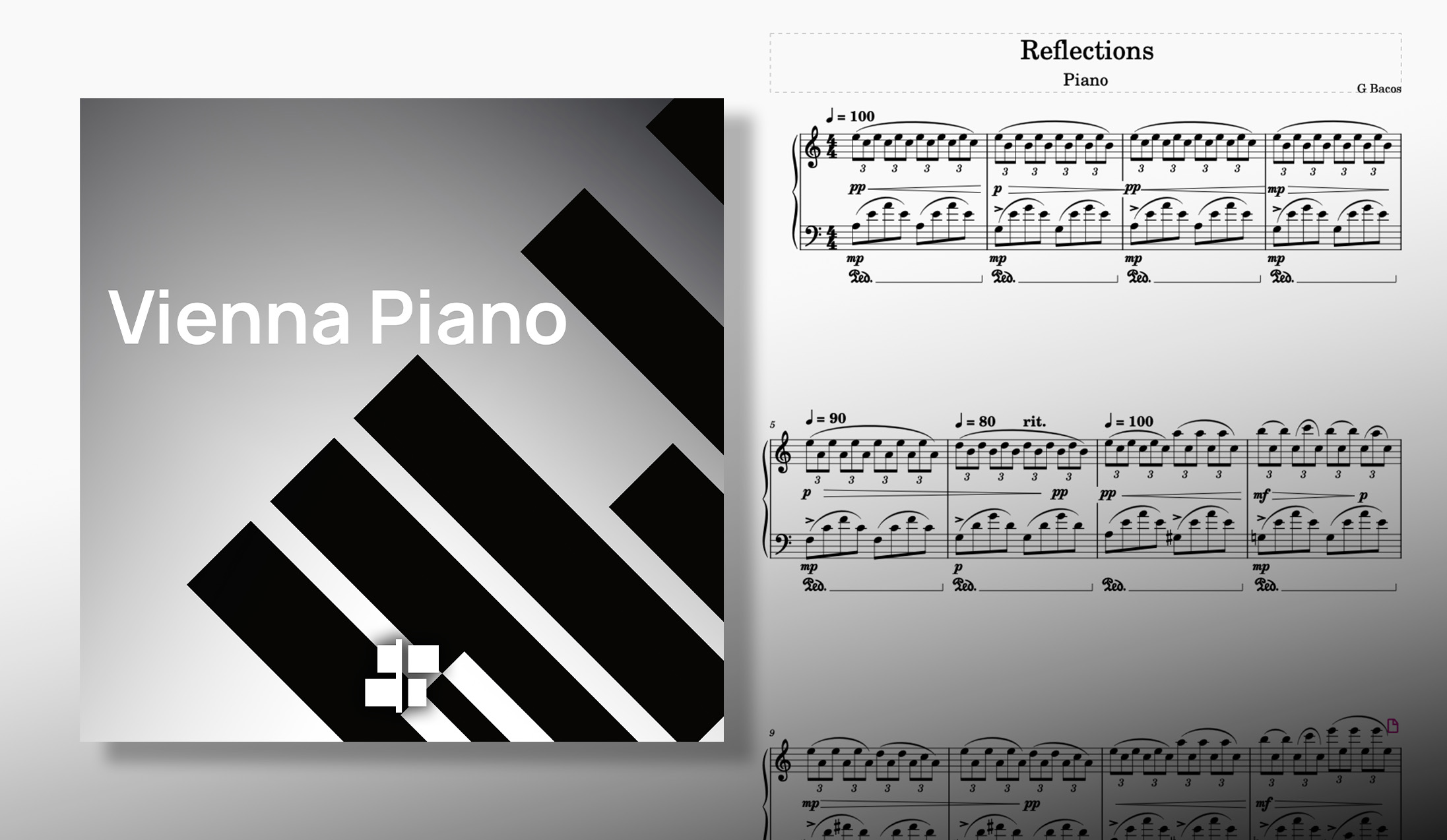Vienna Piano album cover art visible next to Reflections by G. Bacos piano sheet music score.