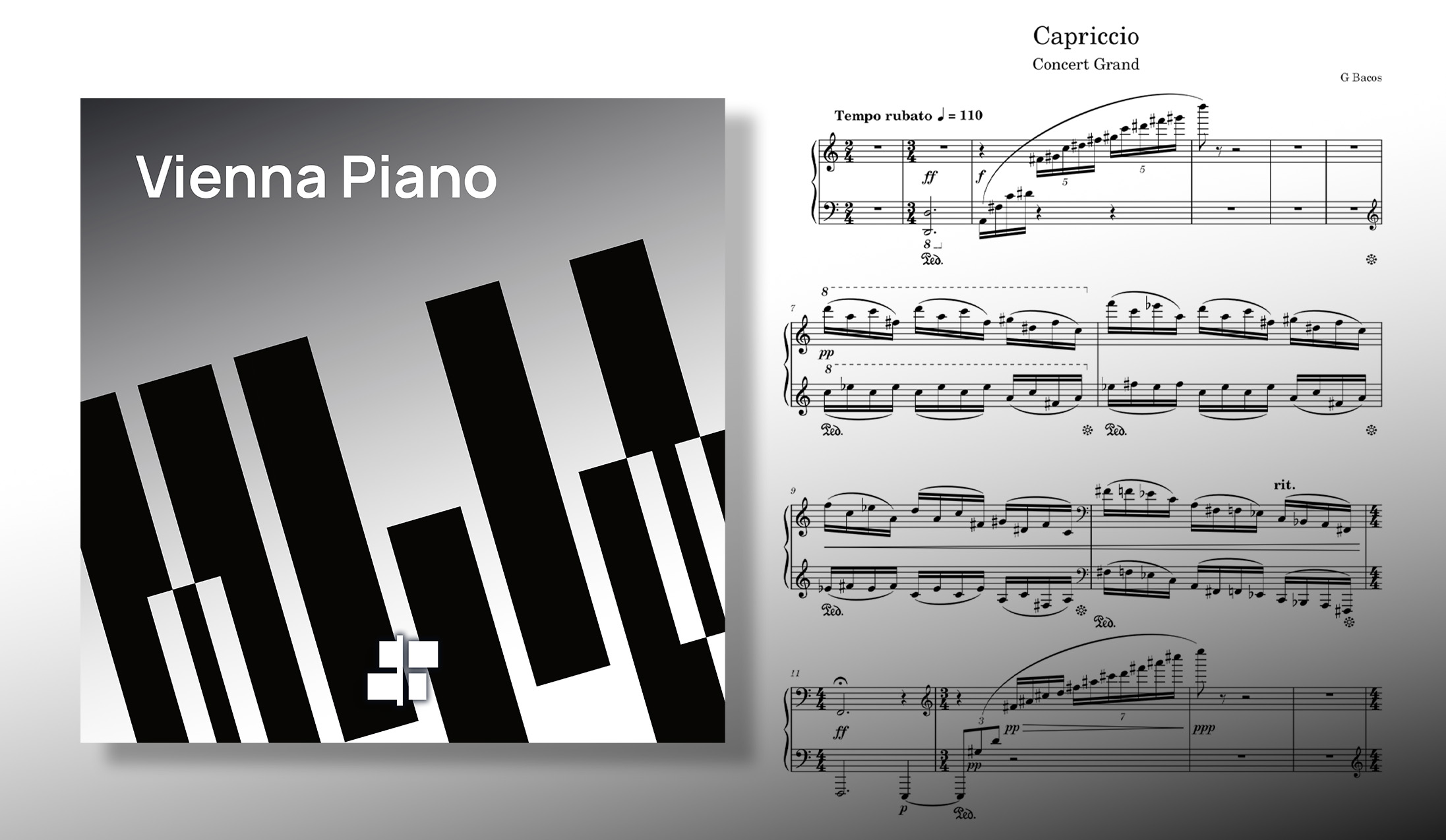 Vienna Piano Capriccio Concert Grand sheet music showing an abstract piano keys design alongside musical notation by G. Bacos with tempo rubato and dynamic markings.