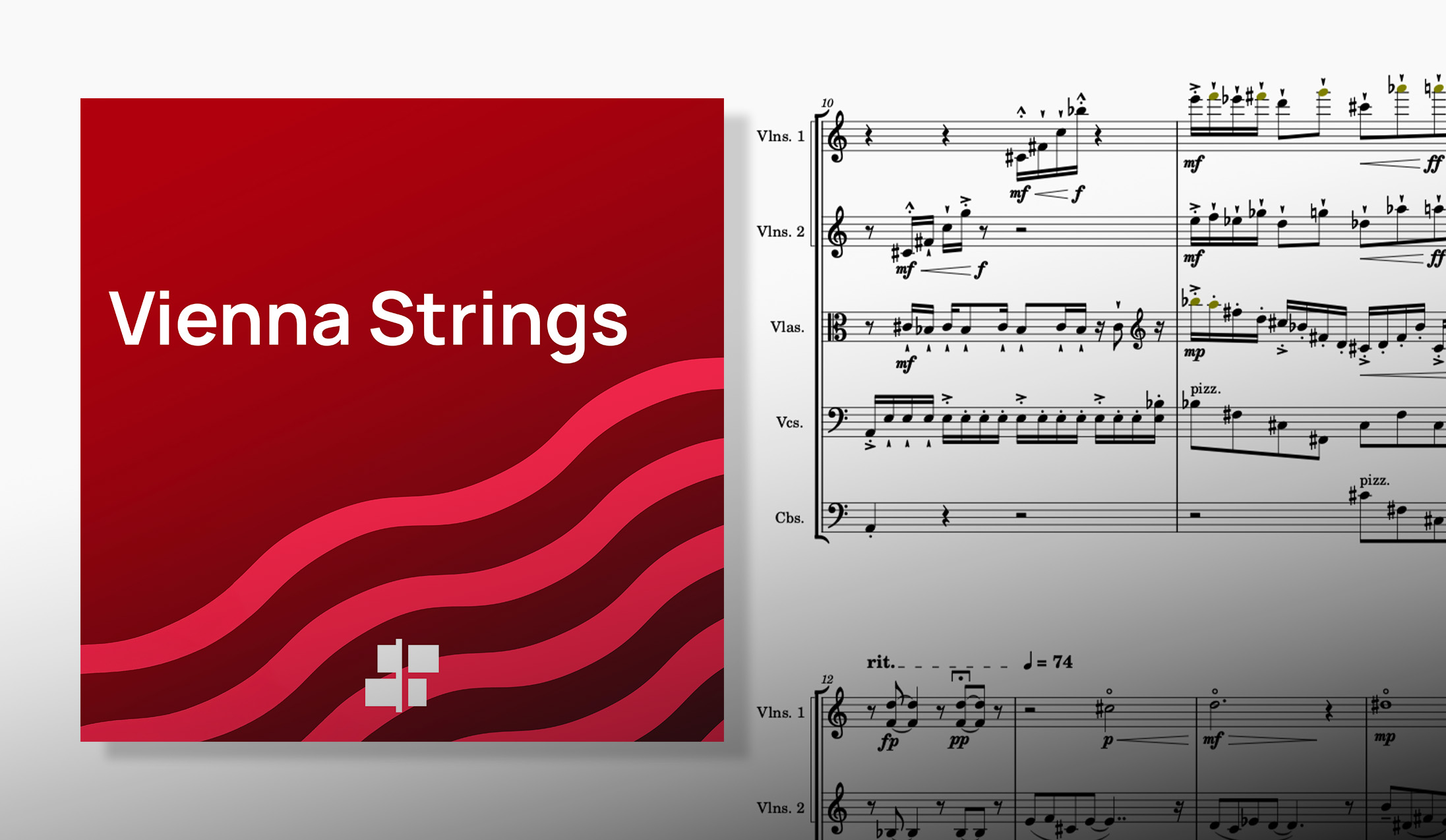 Vienna Strings logo with red waves and a white cross symbol, next to string orchestra sheet music showing violin, viola, cello, and contrabass parts with musical notation including pizzicato, dynamics like mf, mp, p, pp, and tempo markings like rit. and quarter note equals 74 bpm.