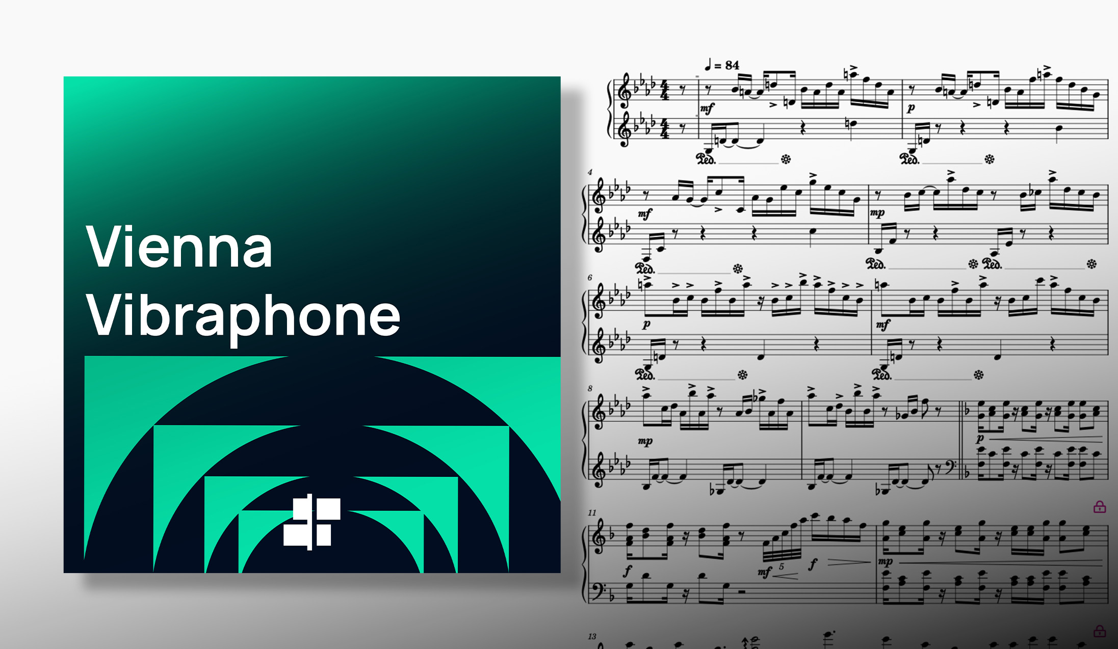 Vienna Vibraphone software box art and musical score, showing a green and black abstract design alongside sheet music with notes and musical notations.