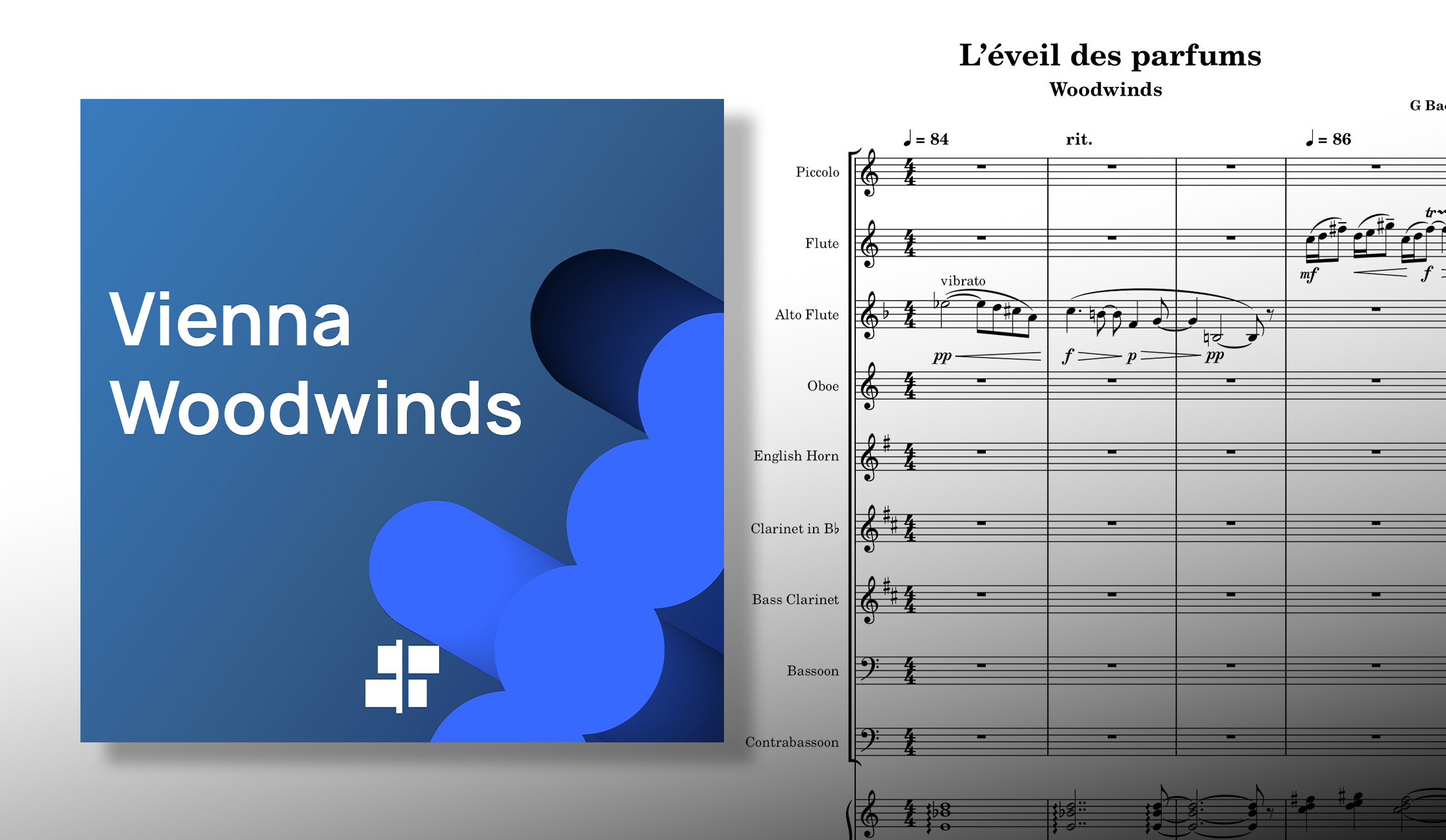 Marketing image for Vienna Woodwinds musical instruments, showcasing sheet music titled L'éveil des parfums for woodwind instruments including Piccolo, Flute, Alto Flute, Oboe, English Horn, Clarinet, Bass Clarinet, Bassoon, and Contrabassoon.