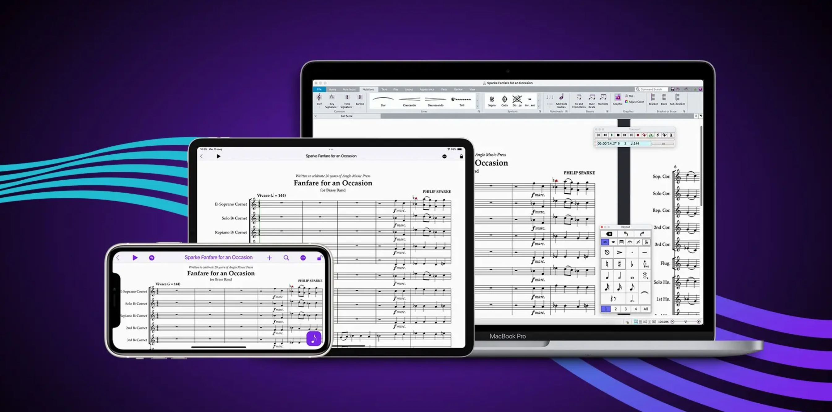 Sibelius music notation software displayed on a MacBook Pro, iPad, and iPhone, showing a digital score for Fanfare for an Occasion, highlighting Vienna Symphonic Library integration.
